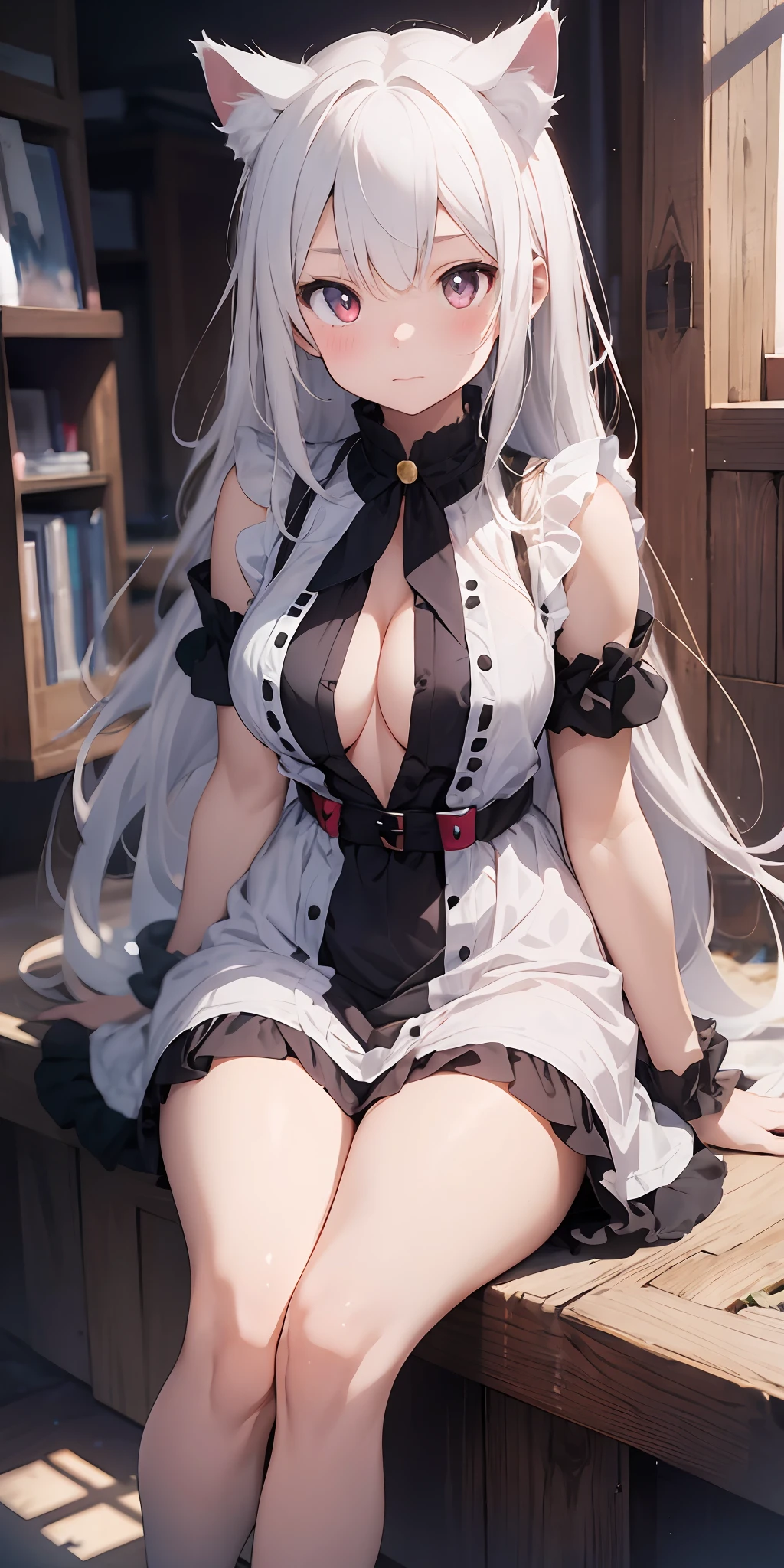 Anime girl with white hair and cat ears, ruby eyes, shy, blush, medium breast, bare legs, dress, high contrast, soft light, master piece, extraordinary nice