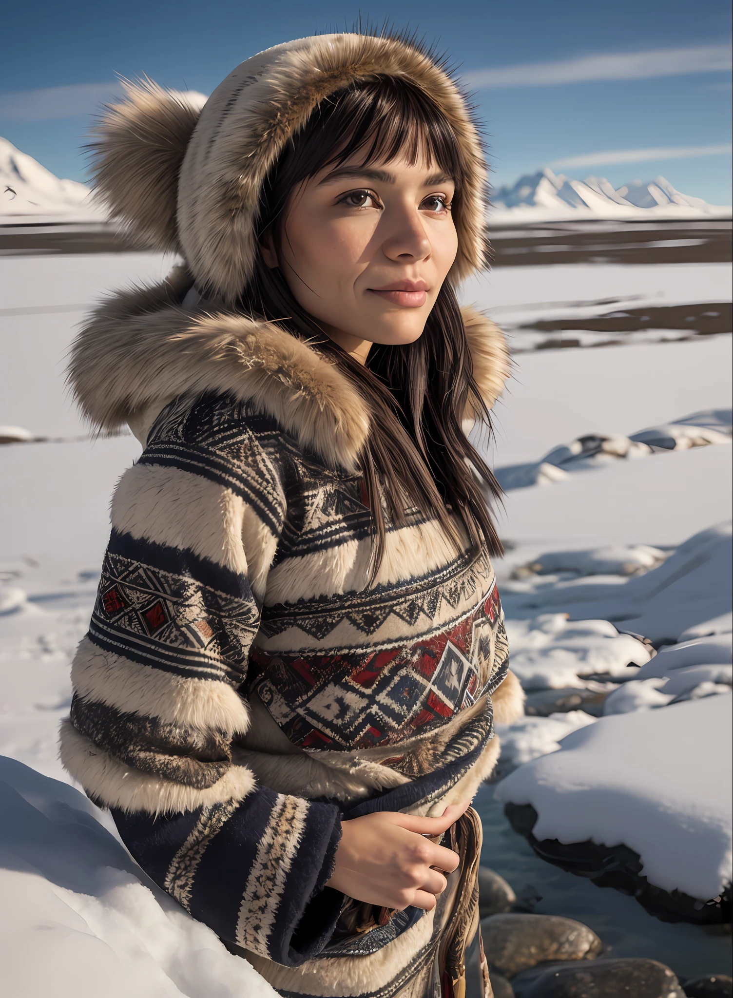 Roxetta, In the midst of the snowy tundra, a woman is dressed in traditional Eskimo attire, blending seamlessly with the wintry landscape. (Best quality: 1.3) Her garments, carefully chosen for their functionality and cultural significance, exude warmth and resilience against the harsh elements. (Masterpiece: 1.3) Meticulous attention is given to the craftsmanship of her clothing, from the intricate stitching and patterns to the durable materials designed to protect against the biting cold. (8K: 1.2) The high-resolution imagery captures the textures of her fur-lined parka, the intricate beadwork on her mittens, and the softness of the sealskin boots that keep her feet warm and dry. (Close-up shot style: 1.4) The camera zooms in, focusing on the details of her attire, highlighting the cultural richness and functionality of each piece, as well as the resilience and resourcefulness of the Eskimo people. (Realistic art style: 1.3) The artwork portrays her as a symbol of adaptability and strength, embodying the spirit of survival in the challenging Arctic environment. With her traditional Eskimo clothes, she not only embraces her heritage but also carries with her a deep connection to the land and the wisdom passed down through generations. The image encapsulates the harmony between humans and nature, reminding us of the importance of understanding and respecting different cultures and their relationship with the environment. (Full body: 1.2)