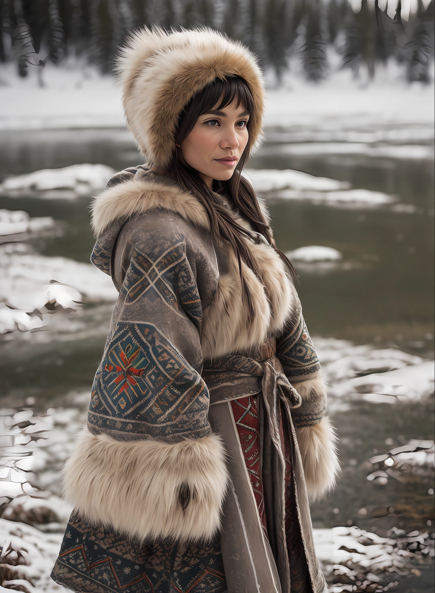 Roxetta, In the midst of the snowy tundra, a woman is dressed in traditional Eskimo attire, blending seamlessly with the wintry landscape. (Best quality: 1.3) Her garments, carefully chosen for their functionality and cultural significance, exude warmth and resilience against the harsh elements. (Masterpiece: 1.3) Meticulous attention is given to the craftsmanship of her clothing, from the intricate stitching and patterns to the durable materials designed to protect against the biting cold. (8K: 1.2) The high-resolution imagery captures the textures of her fur-lined parka, the intricate beadwork on her mittens, and the softness of the sealskin boots that keep her feet warm and dry. (Close-up shot style: 1.4) The camera zooms in, focusing on the details of her attire, highlighting the cultural richness and functionality of each piece, as well as the resilience and resourcefulness of the Eskimo people. (Realistic art style: 1.3) The artwork portrays her as a symbol of adaptability and strength, embodying the spirit of survival in the challenging Arctic environment. With her traditional Eskimo clothes, she not only embraces her heritage but also carries with her a deep connection to the land and the wisdom passed down through generations. The image encapsulates the harmony between humans and nature, reminding us of the importance of understanding and respecting different cultures and their relationship with the environment. (Full body: 1.2)