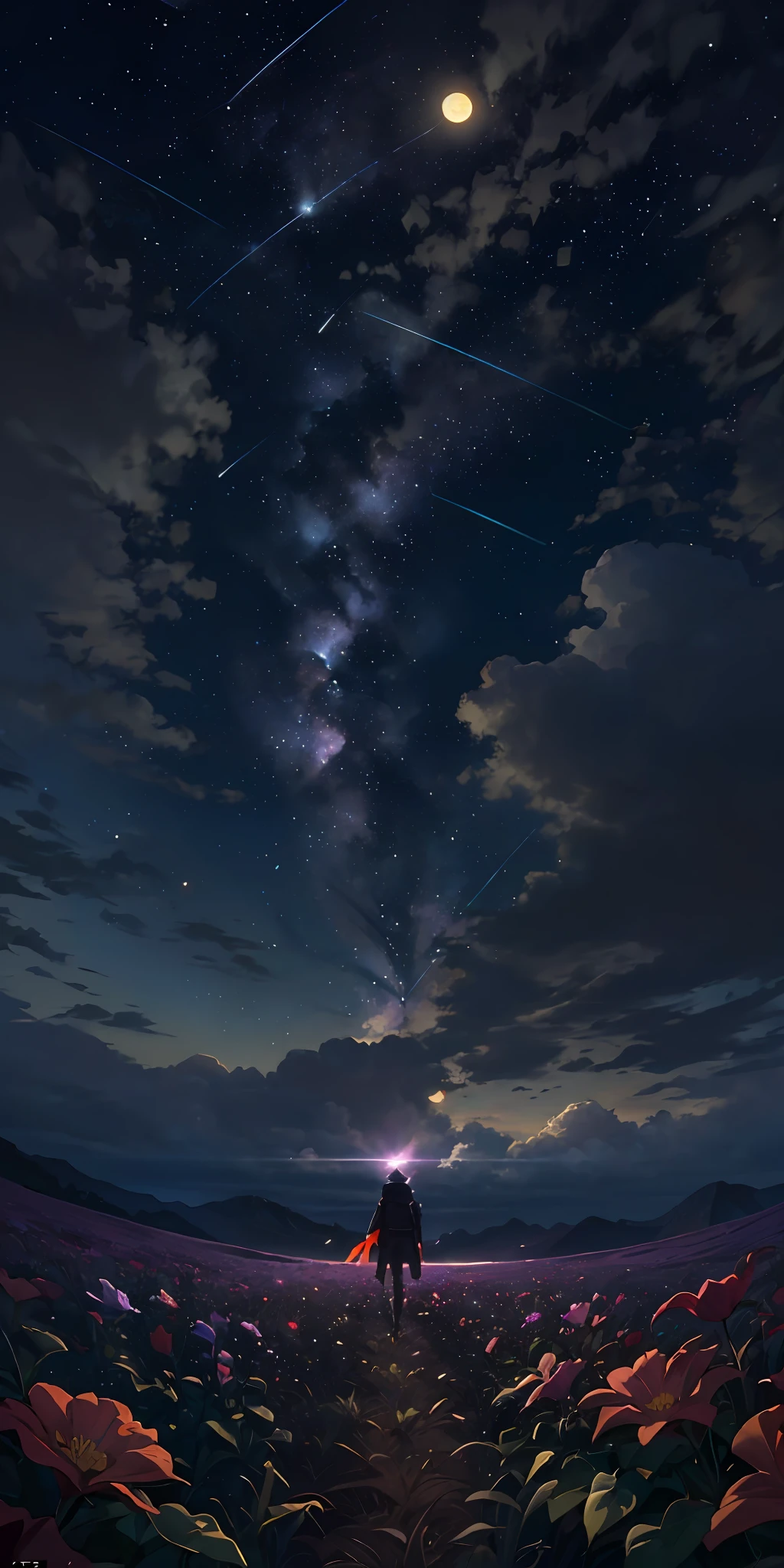 Vast landscape photo, (viewed from below, the sky is above and the open field is below), a girl standing on a flower field looking up, (full moon: 1.2), (meteor: 0.9), (nebula: 1.3), distant mountains , Trees BREAK Crafting Art, (Warm Light: 1.2), (Fireflies: 1.2), Lights, Lots of Purple and Orange, Intricate Details, Volumetric Lighting, Realism BREAK (Masterpiece: 1.2), (Best Quality), 4k, Ultra-Detailed, (Dynamic Composition: 1.4), Very Detailed, Colorful Details, (Rainbow Colors: 1.2), (Glow Lighting, Atmospheric Lighting), Dreamy, Magical, (Solo: 1.2)