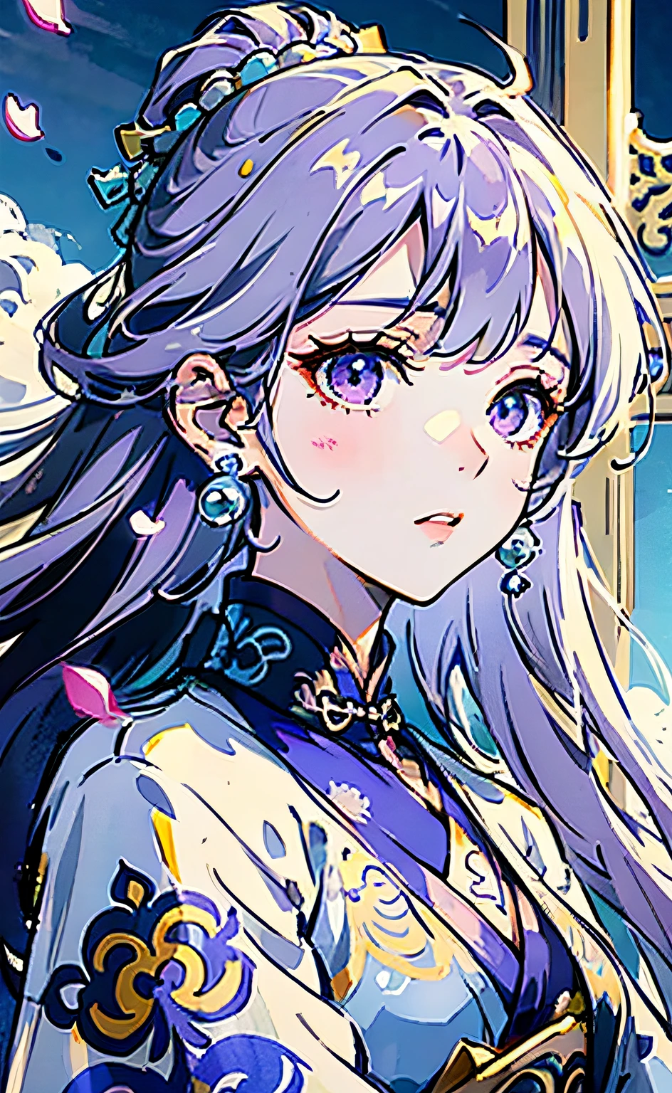 Mature girl, purple eyes, blue-white hair color, floating hair, delicate and flexible eyes, intricate damask hanfu, gorgeous accessories, wearing pearl earrings, fov, f/1.8, masterpiece, ancient Chinese architecture, blue sky, flower petals flying, front portrait shot, Chang'e, side lighting, sunlight on people, 8K