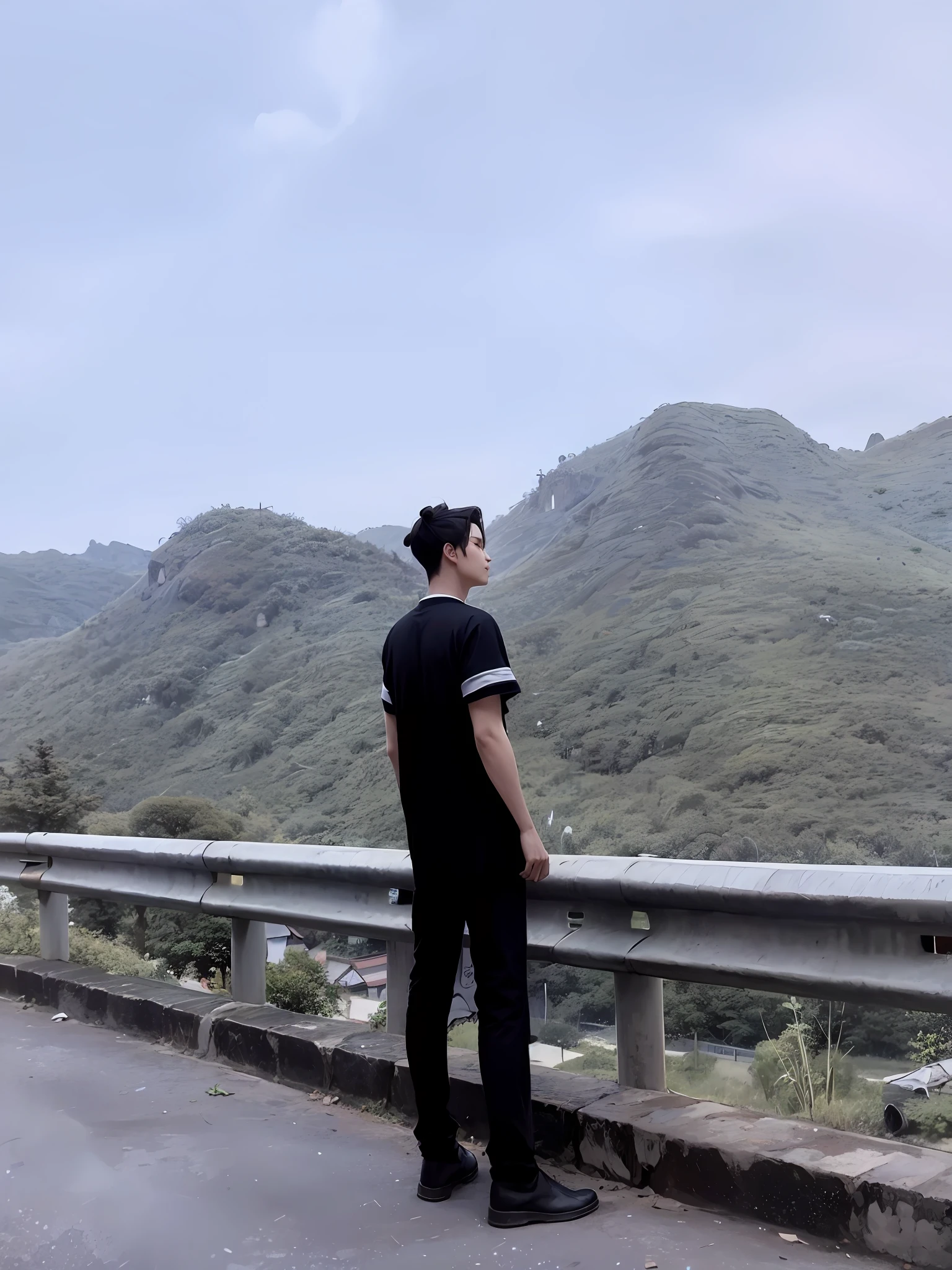 (Positive Focus), (In the Dark), (Best Quality), (Realisticity: 1), Realistic Skin Texture, Highly Detailed, 8k Wallpaper, A Boy, White Hanfu, Black Ponytail Long Hair, Black Hair, Delicate Eye Portrait, Handsome, Fairy Fluttering, Black Taoist Robe, Antique Style, Mist, Clouds Wrapped Around the Mission, Wide Robe with Big Sleeves, Dynamic Pose, Dramatic Composition, Flying Hair, Holding Spells, Rune Emitting Blue Light, Yellow Rune Flying, Red Text on Rune Paper, Ancient Chinese Architecture Background, Clouds and Mist Entanglement, fairy background, clouds and mist, Taoist nature, Chinese Taoist,