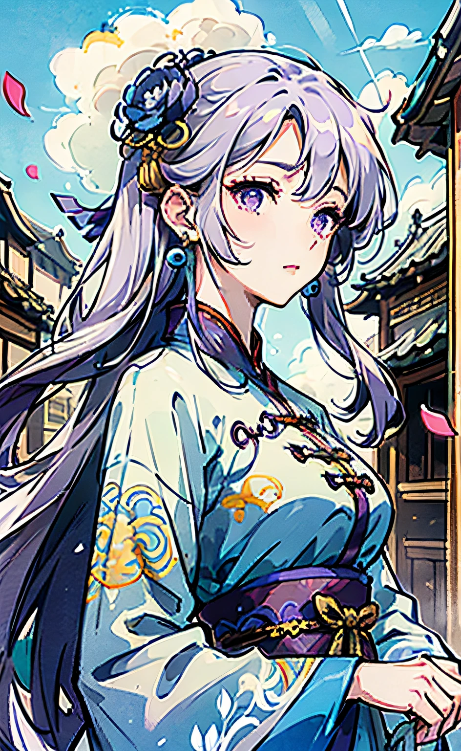  girl, purple eyes, blue-white hair color, floating hair, delicate and flexible eyes, intricate damask hanfu, gorgeous accessories, wearing pearl earrings, fov, f/1.8, masterpiece, ancient Chinese architecture, blue sky, flower petals flying, front portrait shot, Chang'e, side lighting, sunlight on people, 8K