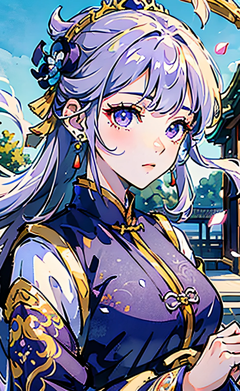 Mature girl, purple eyes, blue-white hair color, floating hair, delicate and flexible eyes, intricate damask hanfu, gorgeous accessories, wearing pearl earrings, fov, f/1.8, masterpiece, ancient Chinese architecture, blue sky, flower petals flying, front portrait shot, Chang'e, side lighting, sunlight on people, 8K