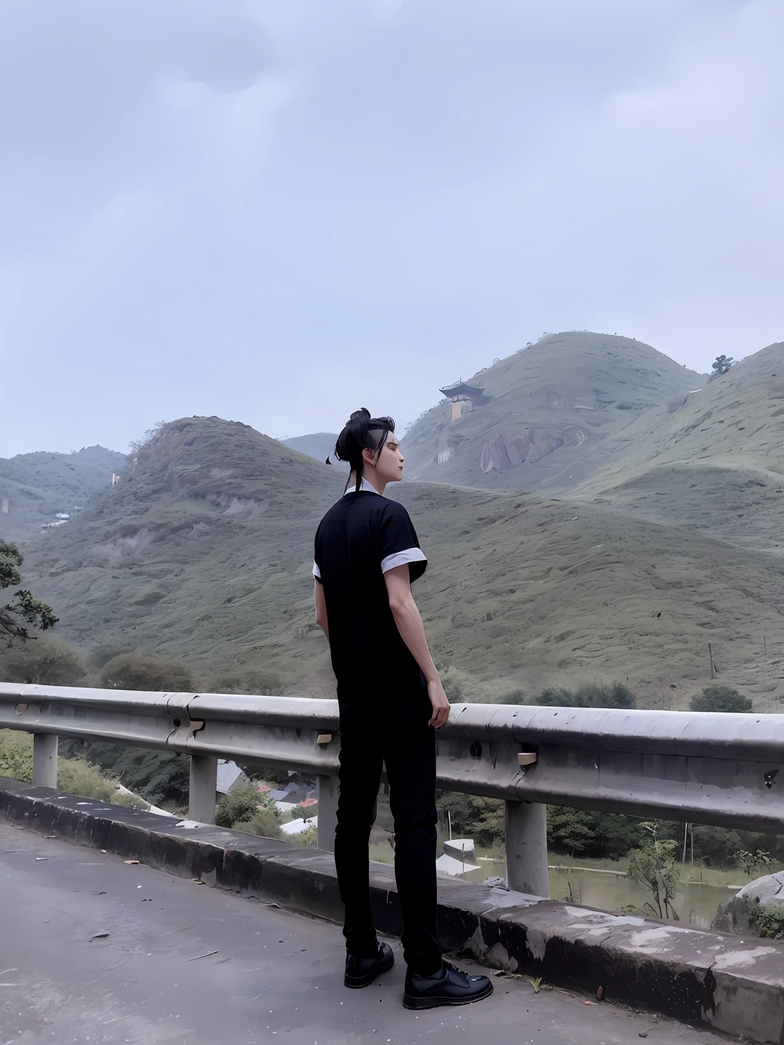 (Positive Focus), (In the Dark), (Best Quality), (Realisticity: 1), Realistic Skin Texture, Highly Detailed, 8k Wallpaper, A Boy, White Hanfu, Black Ponytail Long Hair, Black Hair, Delicate Eye Portrait, Handsome, Fairy Fluttering, Black Taoist Robe, Antique Style, Mist, Clouds Wrapped Around the Mission, Wide Robe with Big Sleeves, Dynamic Pose, Dramatic Composition, Flying Hair, Holding Spells, Rune Emitting Blue Light, Yellow Rune Flying, Red Text on Rune Paper, Ancient Chinese Architecture Background, Clouds and Mist Entanglement, fairy background, clouds and mist, Taoist nature, Chinese Taoist,