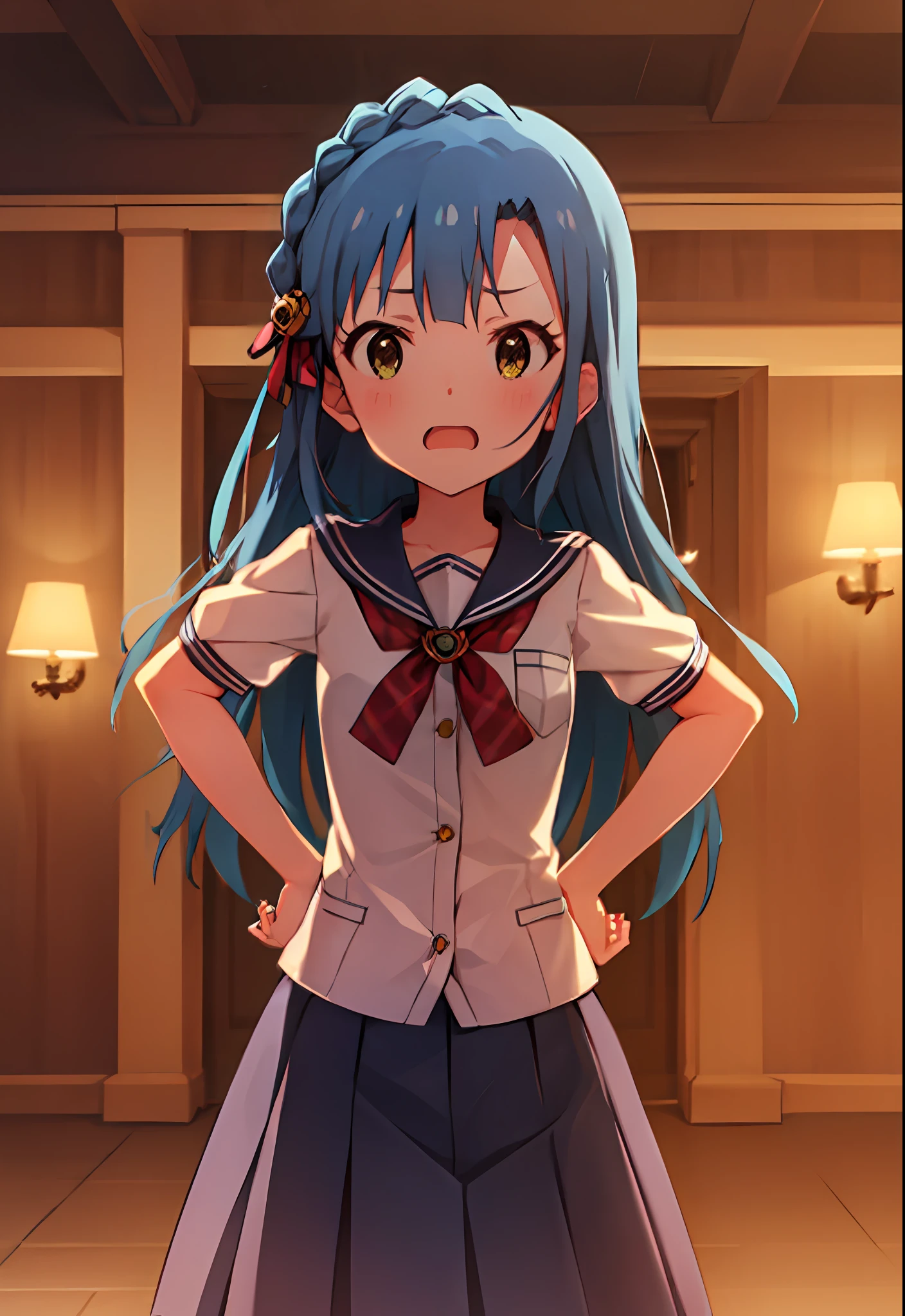 ko Nanaillion Live), (Top Quality, 8K, Masterpiece, Super Detail: 1.2), Cinematic Angle, Wide Shot, 1 Girl, Solo, Skirt, Watch Audience, Sailor Color, Pleated Skirt, Short Sleeves, School Uniform, Blush, Seravuk, Clavicle, Ribbon, Upper Body, Adjusted Hair, Wind, Floating Hair, Hands on Hips, Chest Stretching, Despair Face, Night, Clenching Fists.