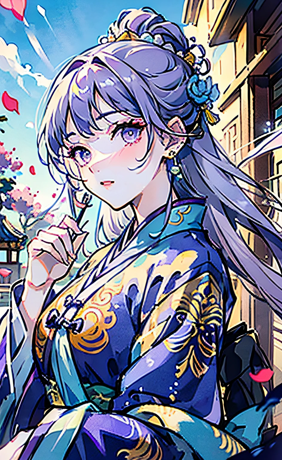 Mature girl, purple eyes, blue-white hair color, floating hair, delicate and flexible eyes, intricate damask hanfu, gorgeous accessories, wearing pearl earrings, fov, f/1.8, masterpiece, ancient Chinese architecture, blue sky, flower petals flying, front portrait shot, Chang'e, side lighting, sunlight on people, 8K