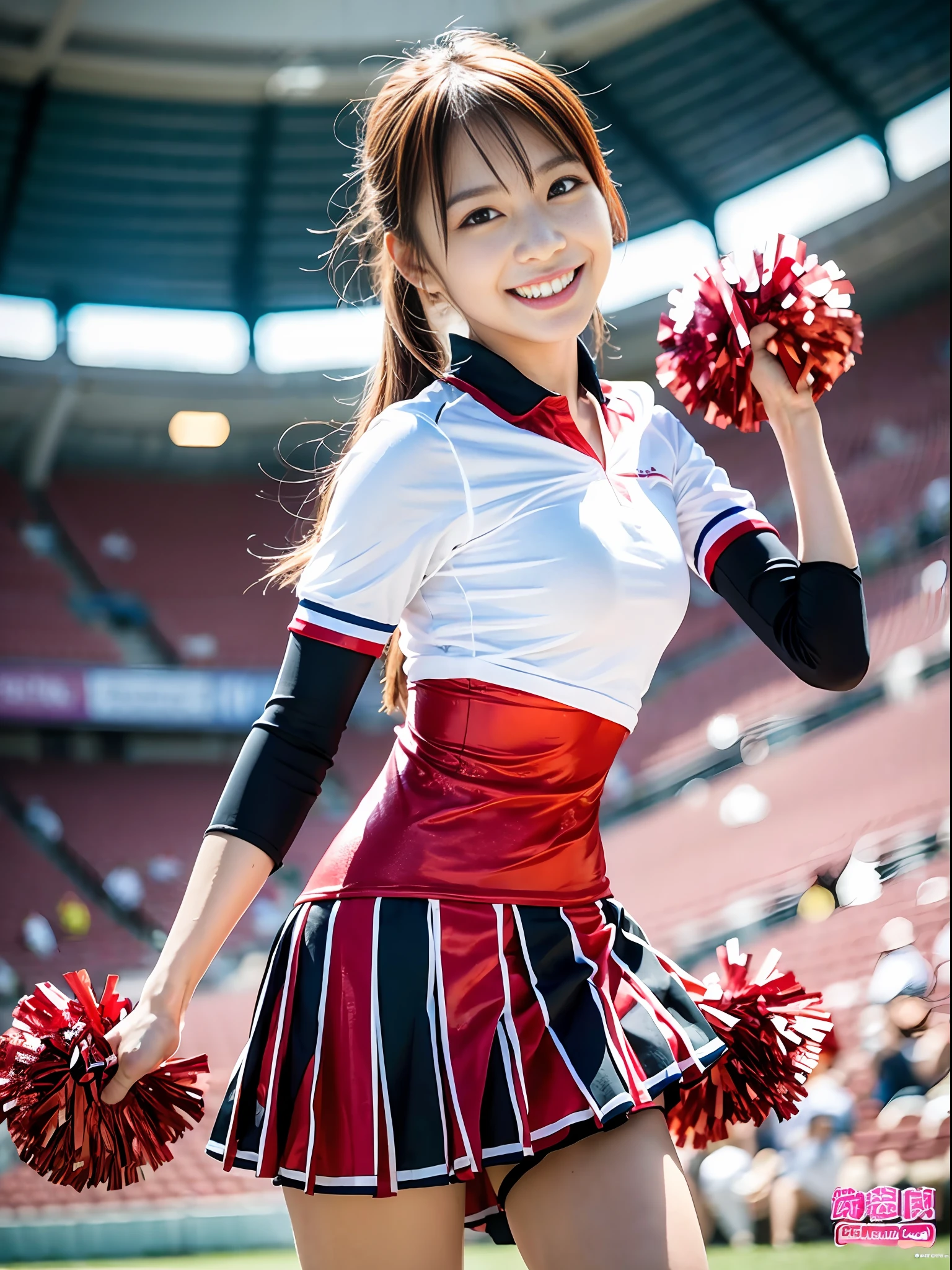 Cheerleader of Japan cheering in stadium, closeup, closeup, cosplay photo, anime cosplay, middle chest, RAW photo, best quality, high resolution, (masterpiece), (photorealistic: 1.4), professional photography, sharp focus, HDR, 8K resolution, intricate details, depth of field, highly detailed cg unity 8k wallpaper, front light, NSFW, women, girl,smile, slender, (sweating all over: 1.3),