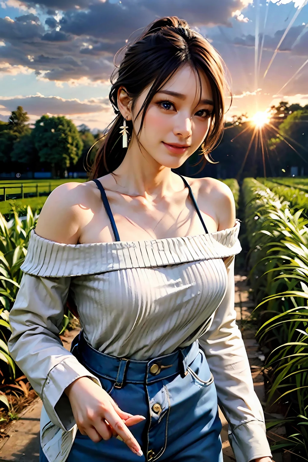 Distant shot, pretty face, (masterpiece: 1.2, 8k) (PureErosFace_V1:0.7), (Camertoe: 1.2) Mature Japan woman on farm, wearing long pants, wearing a long sleeve shirt, long ponytail, bare shoulders, leaning forward, making V with fingers, collarbone, outdoors, big eyes, seductive smile, dawn, perfect and gorgeous sun, bird, flower plantation, Peasants have their beauty, blue eyes, earrings, thin waist, long bicolor hair, pores, realistic skin, makeup