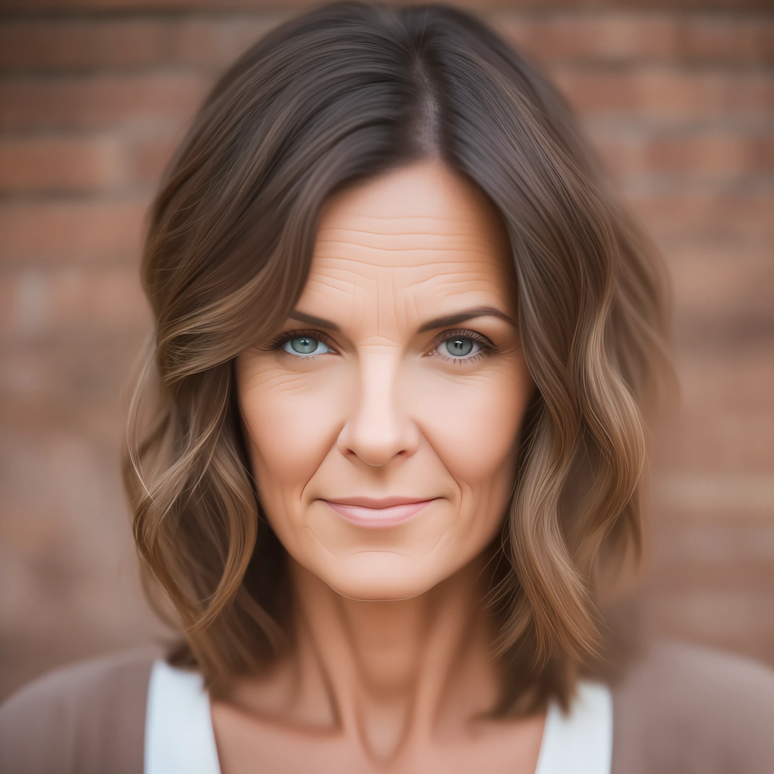Tips: portrait, woman, 47 years old, pretty, French, brown short wavy hair, (pimples:0.8), cuddly, flickr, 4k, canon eos r3 (and variations of that)