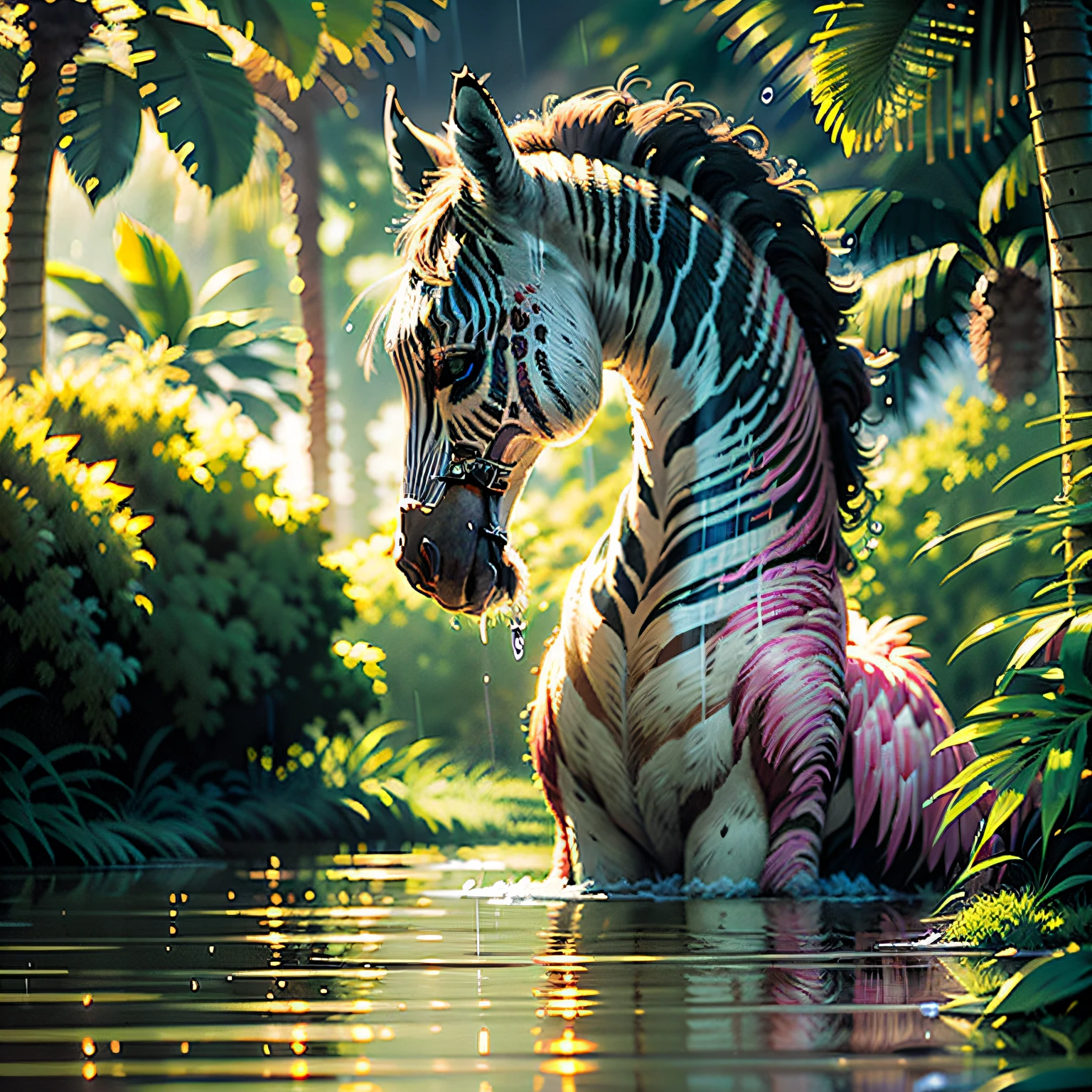 ((best quality)),((masterpiece)), hyper realistic illustration, (((ultra detailed)),, Scene structure: Enchanted forest: Winged zebras and flamingos dancing Hawaiian. Dense tropical forest. Wet rain. Beautiful sunset falling, movie light, cinematic, intricate details. Foliage rich in detail by Pixar, Walt Disney,, award-winning work, chromatic, 16K, motion blur, cinematic lighting, depth of field, reflection light, god rays, glowing light, blending, drop shadow, masterpiece