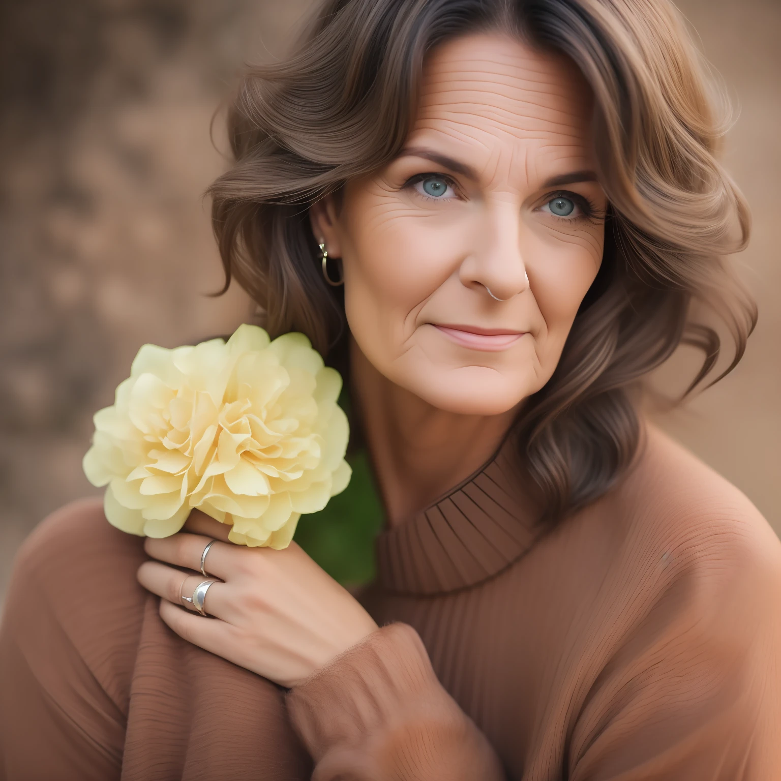 Tips: portrait, woman, 47 years old, pretty, French, brown short wavy hair, (pimples:0.8), cuddly, flickr, 4k, canon eos r3 (and variations of that)