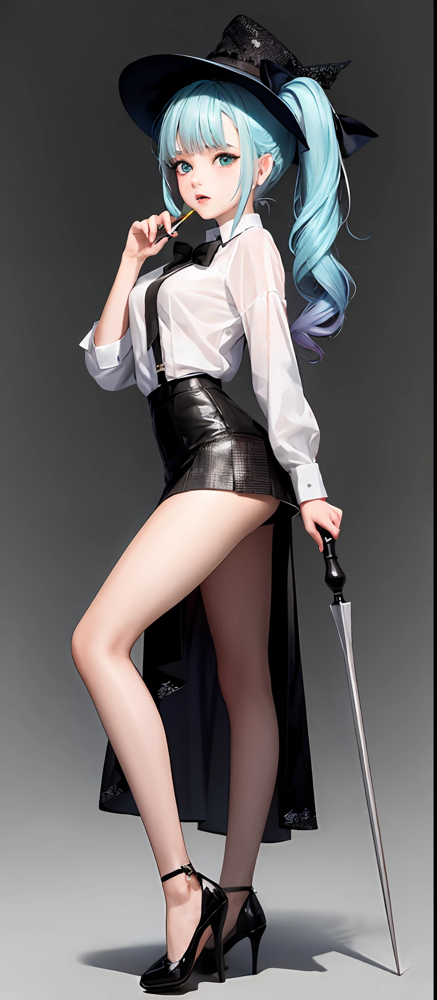 [1girl|solo], (Masterpiece: 1.1), (Best quality: 1.1), (Rock [[White gradient shirt: Black appliqué with patches and pattern morning dress: 0.85]: [Black collar exposed miniskirt: earthy tone hip slit miniskirt: 0.15]:0.7]:1.25), (tweed [[coral wool A-line transparent transparent transparent skirt: turquoise sleeveless tutulum: 0.05]: [green transparent tongs: orange ultra-transparent linen shirt: 0.15]), [ (NSFW:1.0):(NSFW:0.95):0.15], [Medium: [Large|Medium]:0.35] breasts, corsets, rest [black: pink: 0.65] theme, (gradient background: 1.1), portrait, rest [blonde: sky blue: 0.05] hair, blunt bangs, ji cuts, long hair, side ponytail, white panties, flip skirt, flip skirt, [blue: purple: 0.85] eyes, delicate black witch hat, holding a magic wand, White transparent crystal high heels, transparent lace suspenders, white transparent crystal high heels, erotic seduction pose, erotic seduction pose, flip skirt, flip skirt, white lace thong transparent panties, white high heels, panty panties, panty panties, panic panties, panties
