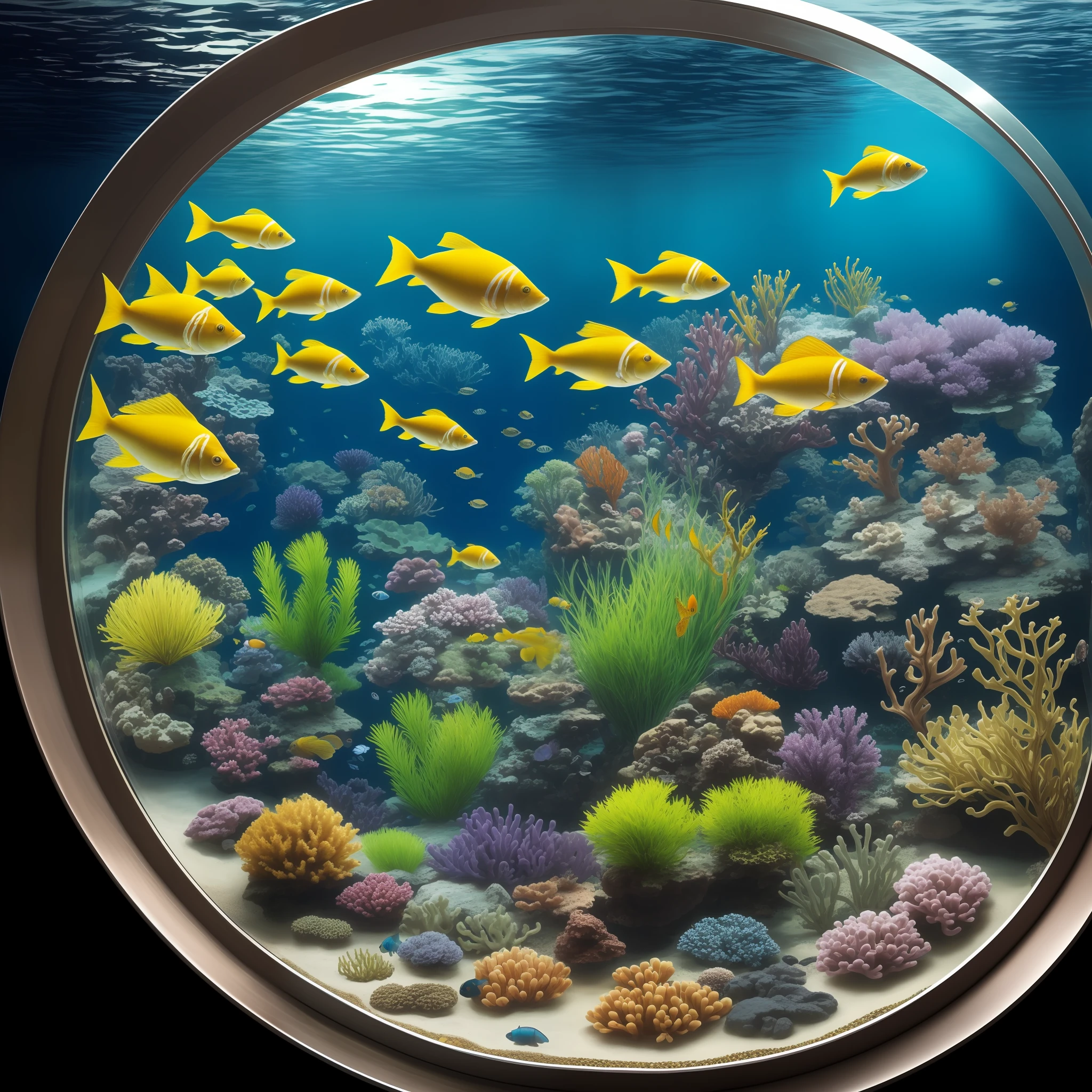 Create a photorealistic acrylic painting of a steampunk bronze circle with an aquarium landscape inside. The circle should have intricate details and textures, avec engrenages, Boulons, and other steampunk elements visible. The aquarium landscape inside the circle should be rendered in great detail, avec des plantes sous-marines vibrantes, colorful fish, et autres formes de vie aquatique. The painting should capture the contrast between the hard metallic exterior of the circle and the fluid, organic landscape inside. The colors should be bright and vivid, avec blues, verdure, Jaunes, et les oranges dominant la palette. The overall effect should be a wonder and mystery under-marins, capturing the beauty and diversity of life in the depths of the ocean --auto --s2