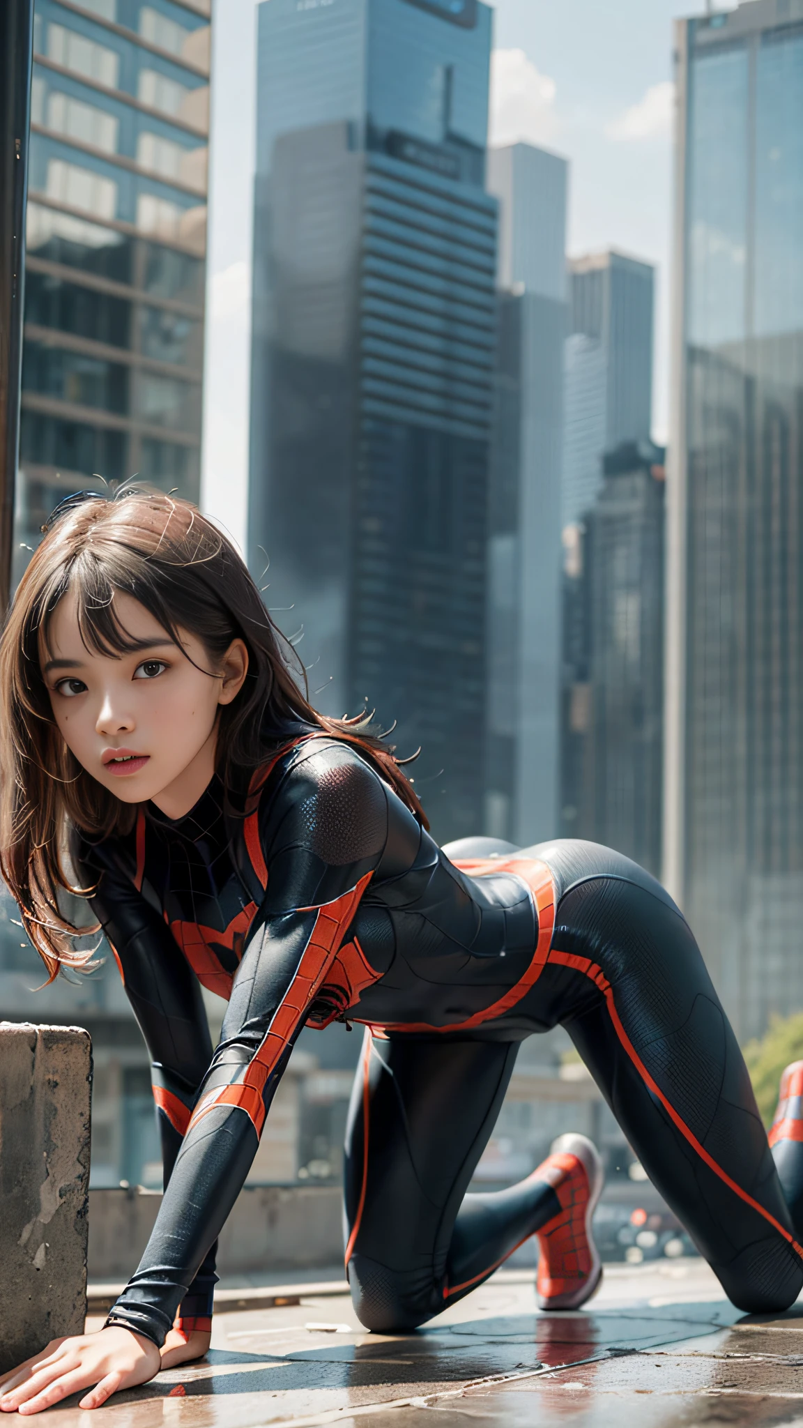 (A girl in a red-black Spider-Man suit lying on all fours on the vertical wall of the building, legs apart, ass inserted: 1.4), upper body lying on the wall, solo, ((very detailed face))), ((very detailed eyes and face))), beautiful detailed eyes, body parts__, official art, unified 8k wallpaper, super detailed, beautiful beautiful, beautiful, masterpiece, best quality, original, masterpiece, super fine photo, best quality, super high resolution, realistic realism, Sunlight, Full Body Portrait, Amazing Beauty, Dynamic Pose, Delicate Face, Vibrant Eyes, Very Detailed City Roof Background, Rooftop, Overlooking the City, Detailed Face, Detailed Complex Busy Background, Messy, Gorgeous, Milky, High Detail Skin, Realistic Skin Details, Visible Pores, Clear Focus, Volumetric Fog, 8K Ultra HD, DSLR Camera, High Quality, Film Granular, Fair Skin, Photo Realism, Catalog, Future Dystopian Megalopolis, Translucent
