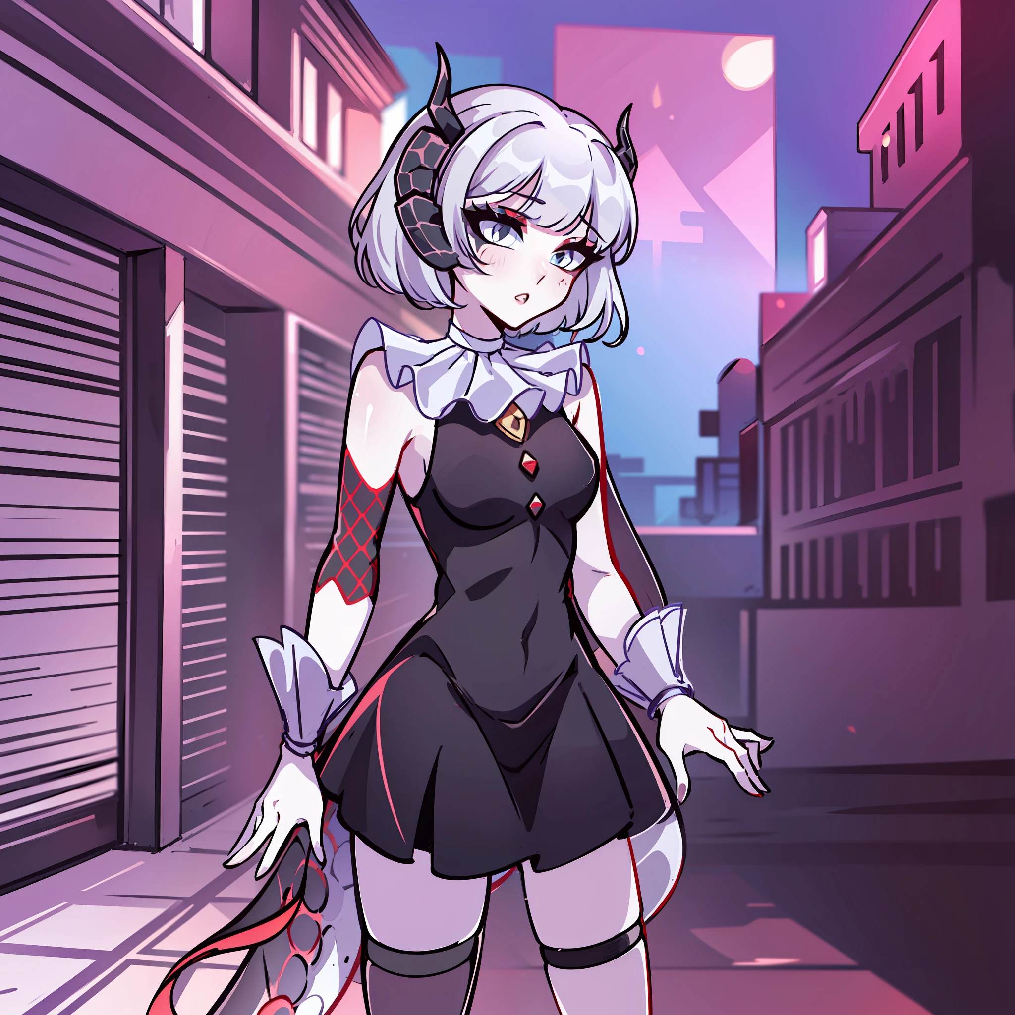 (Best quality: 1.0), (super high res: 1.0), extremely detailed character, detailed Hands, half-dragon girl, horns, scales on the neck, scales on the shoulders, scales on the forearm, scales on the cheek, dragon's tail, extremely detailed hair, short hair, ((white hair)), ((black locks)), extremely detailed eyes, heterochromia (one white eye and one black eye), dragon eyes, 2d, tomboy girl, anime art, , ((full body)), standing, medieval, Rpg
