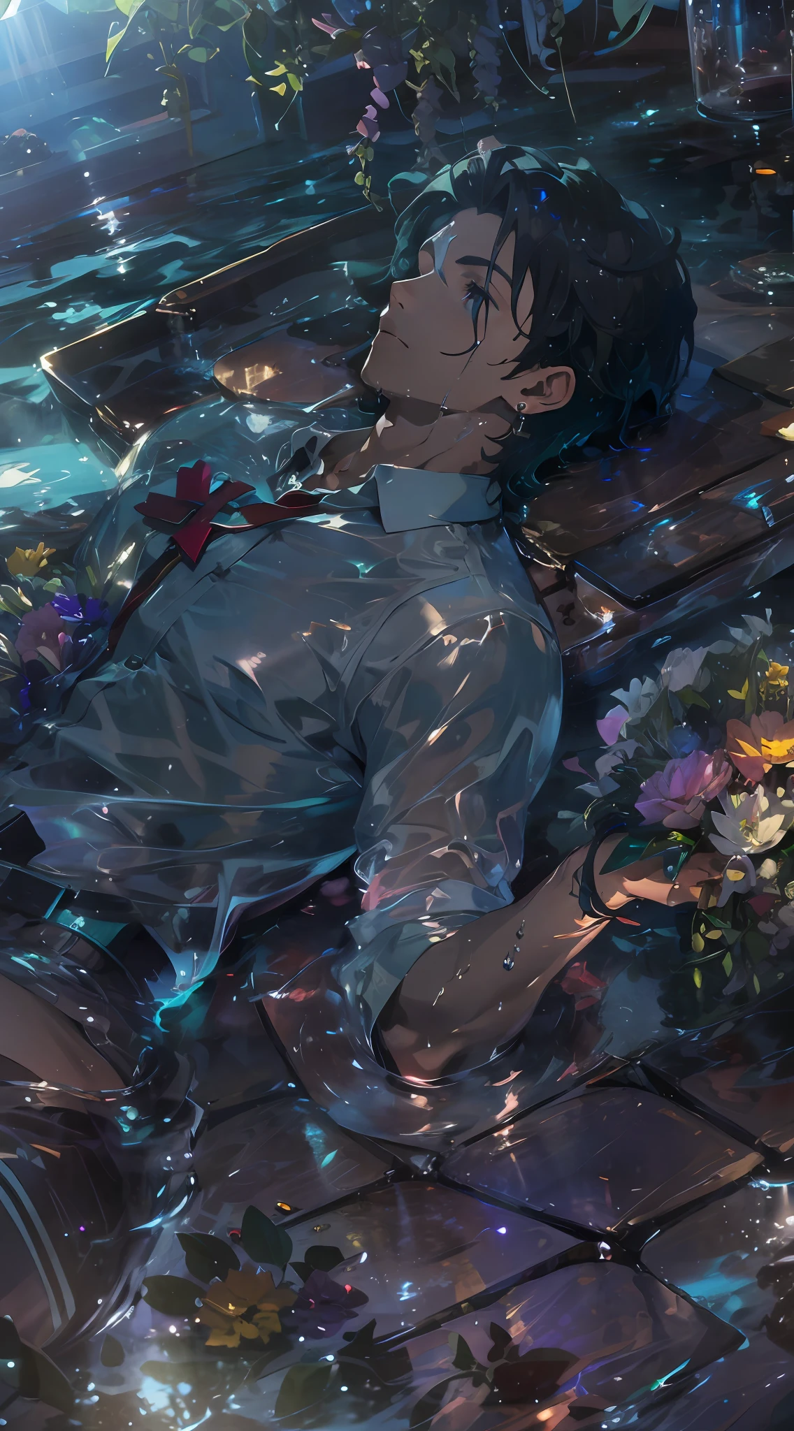 1boy, male, man, boy, teenager, young man, physically based rendering, professional lighting, extreme detail, white shirt, bouquet, cross earrings, lying on water, high brightness, refreshing, soft light, ((single))), (solo), lying down, wet, transparent shirt