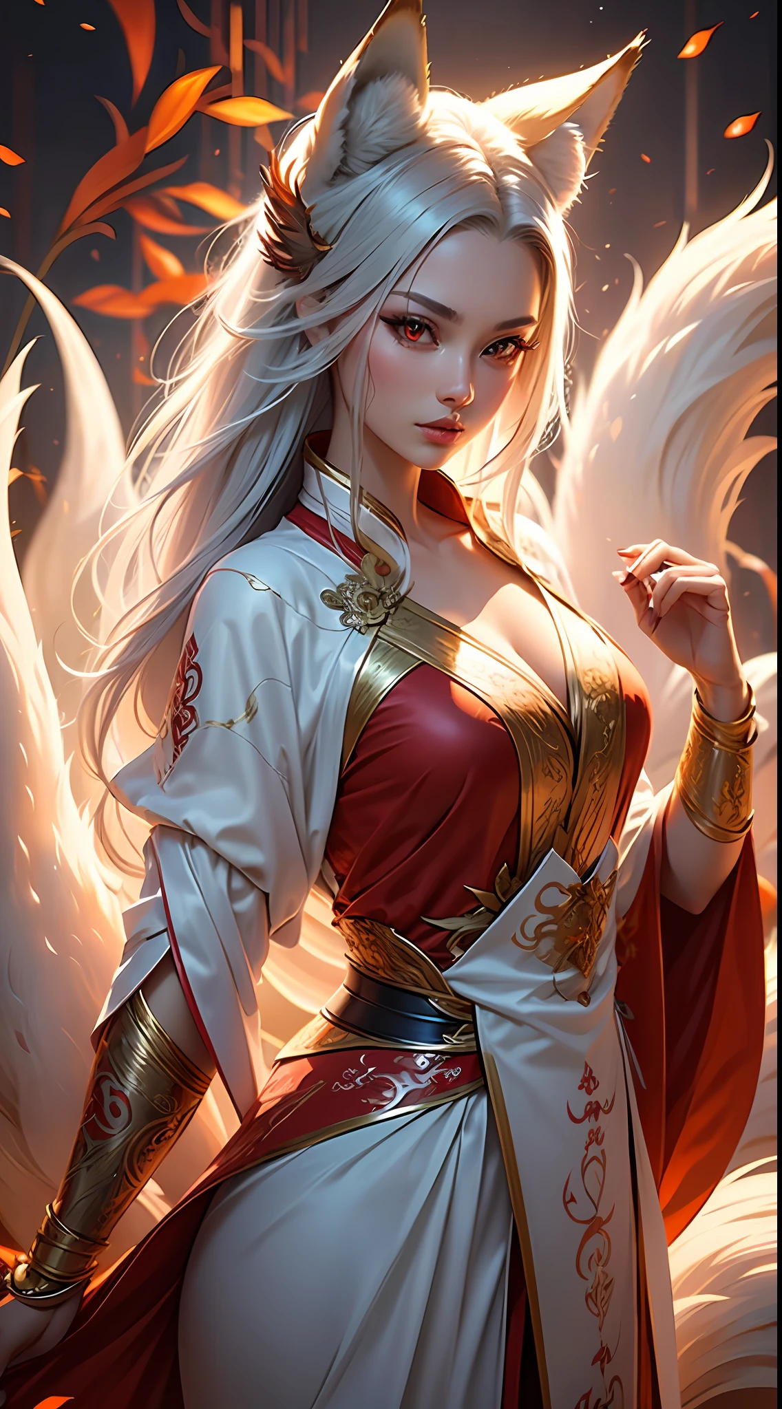 (Best quality: 1.3), (Masterpiece: 1.3), (Realistic: 1.4), (Nine-tailed fox: 1.5), cute fox, white fur, transparent, shiny fur, super fine, super flowing, red dragon pattern on the body, red eyes bright and godly, 9 tails up, dynamic pose, background with mythical color, mythical color,