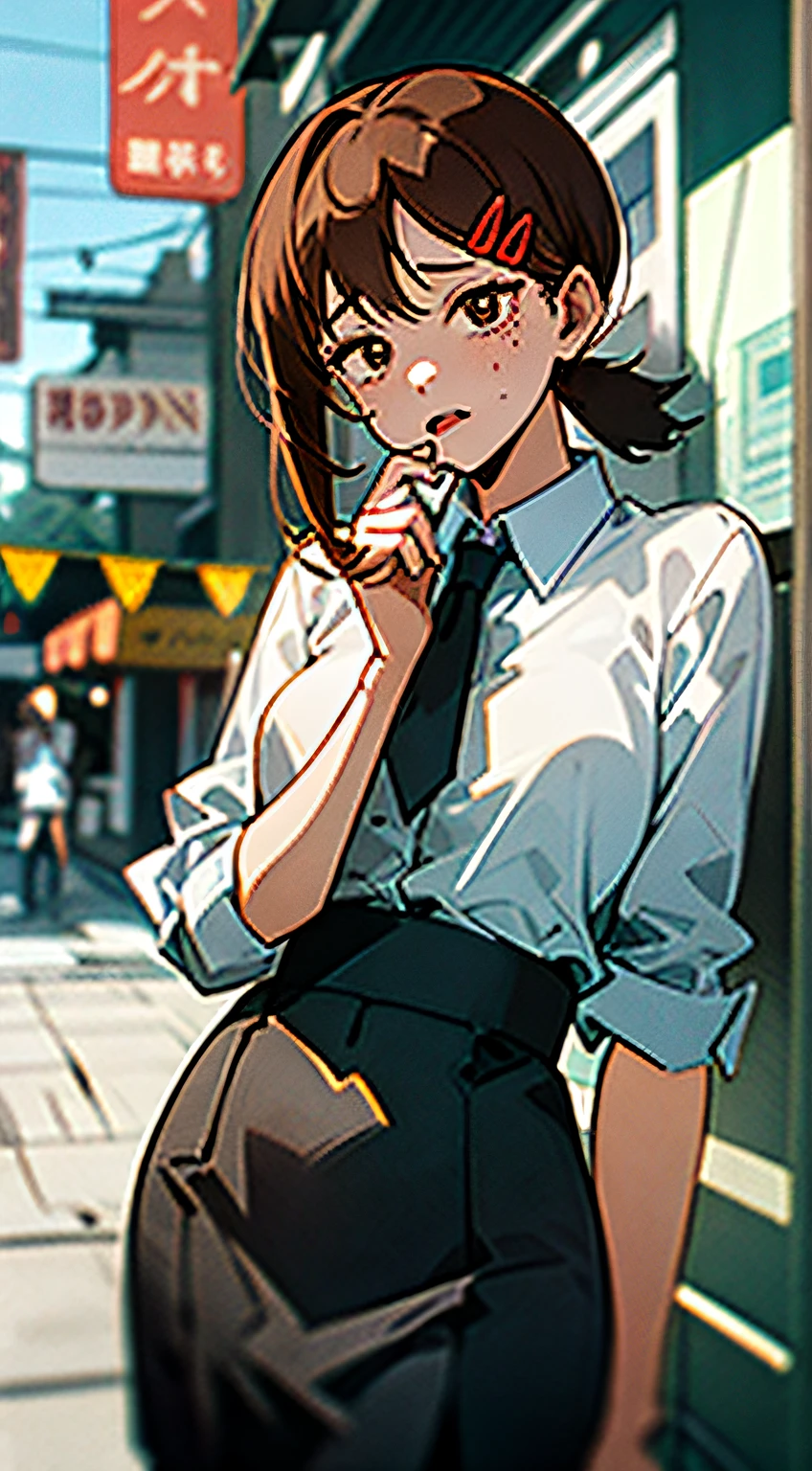 (((Masterpiece, Excellent)), (1girl), ((Cute Girl)), brown hair, cute expression, ((Office lady)), bangs, mid-chest, (Busty), slim, school clothing, street stalls, daily wind