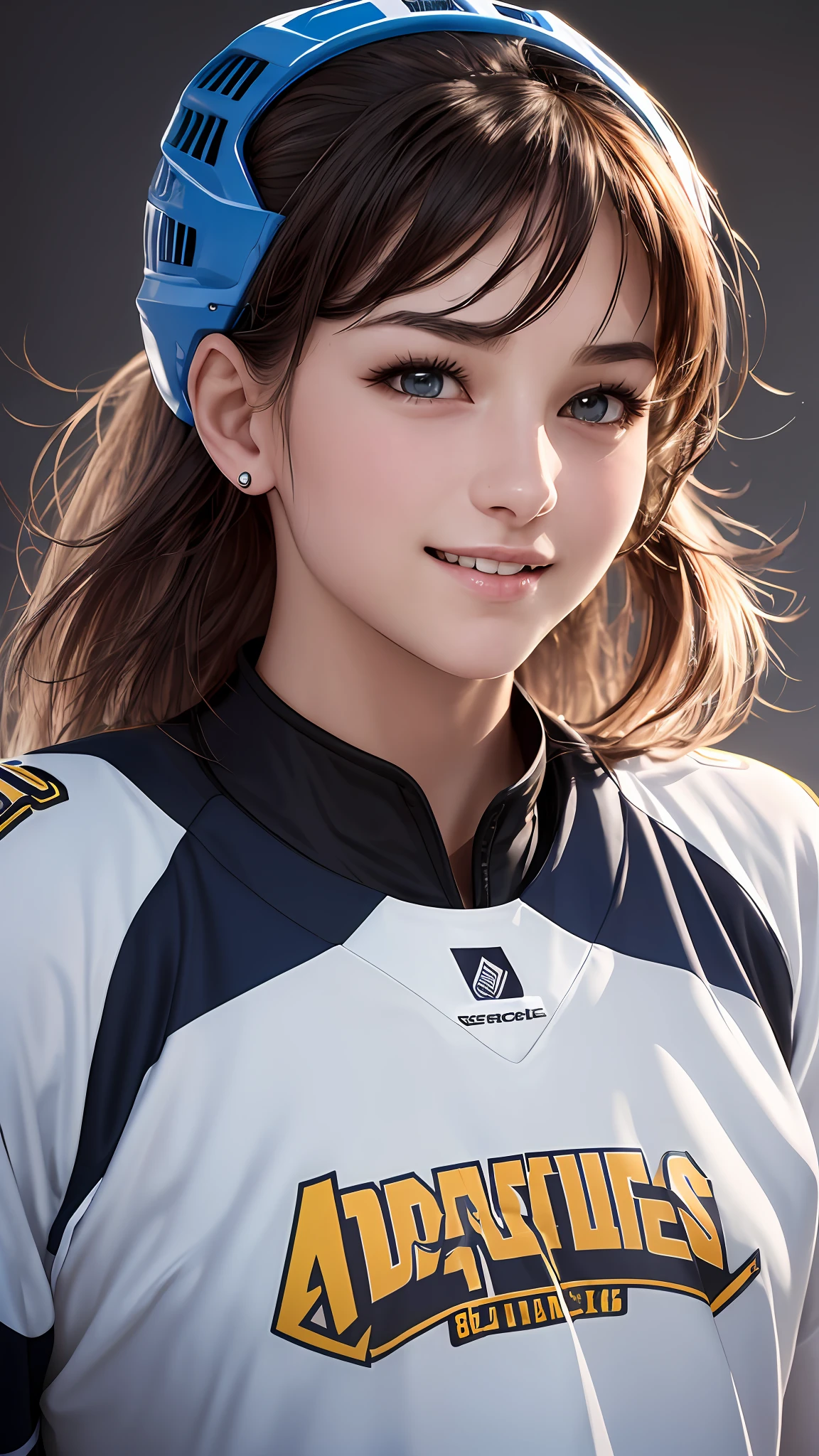 (8K), (Best Quality: 1.2), (Realistic), (Photorealistic: 1.35), ((Dignified Expression))), Ultra High Definition, 1 Girl, Cute, Smile, Closed Mouth, Beautiful Details, Beautiful Nose, Female Ice Hockey Player, Sexy, Powerful and Attractive, Beautiful Expression, Big,