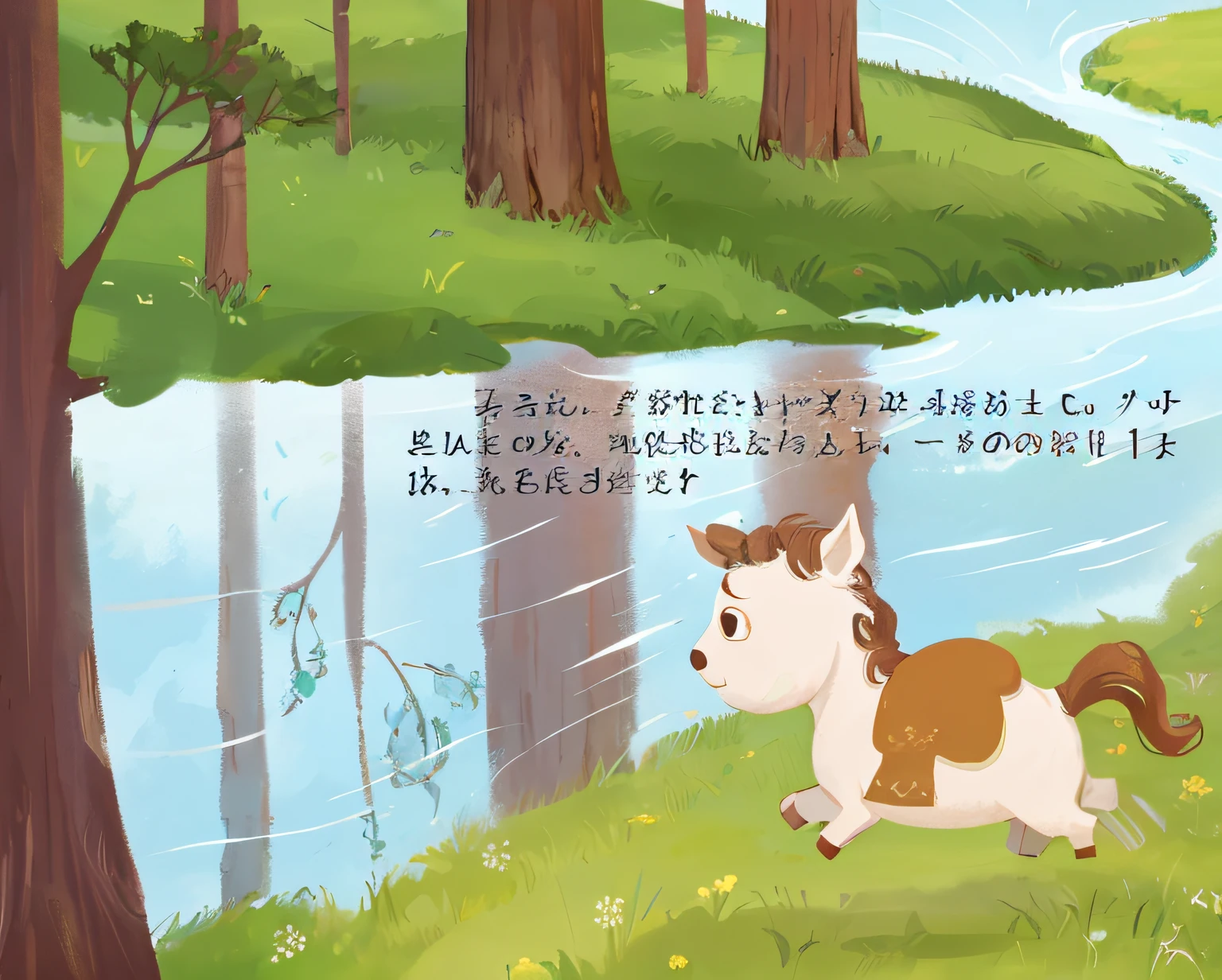 there is a cartoon horse that is walking in the grass, story book illustration, story book design, childrenbook illustration, a storybook illustration, storybook illustation, children book illustration, cute storybook illustration, children’s book illustration, children's book illustration, kids book illustration, book illustration, children\'s book drawing, storybook illustration, picture book --auto