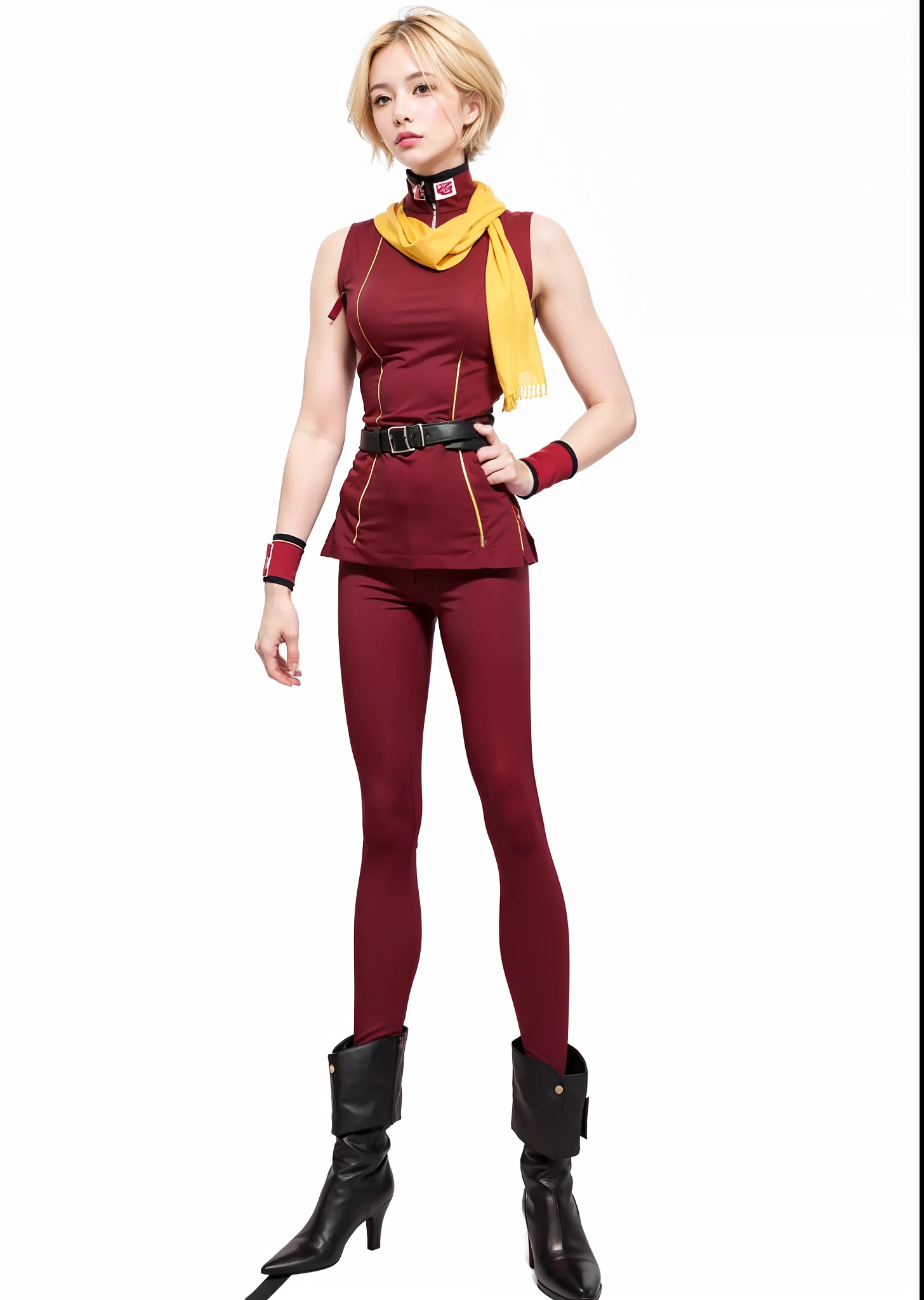 (Best Quality, Masterpiece: 1.1), (Fidelity: 1.4), 1 Girl, Full body, Blonde short hair, Voluminous hair, Raised bangs, Short sleeved red jacket, Red tight spats, Red wristband, Big breasts, Yellow scarf, 40 year old Caucasian woman, Tanned body, American woman, muscular body,