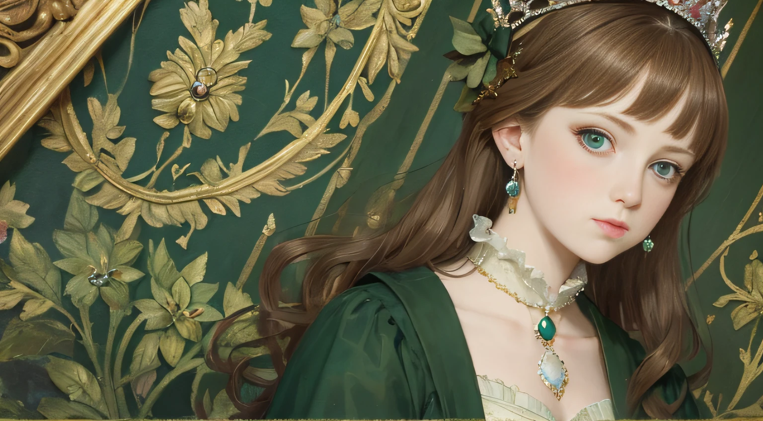 European, princess, baroque, extremely high detail, masterpiece, master work, life shot, princess real person, Tudor crown, aristocratic maiden, dark green eyes, long light brown hair, dark green baroque style large skirt