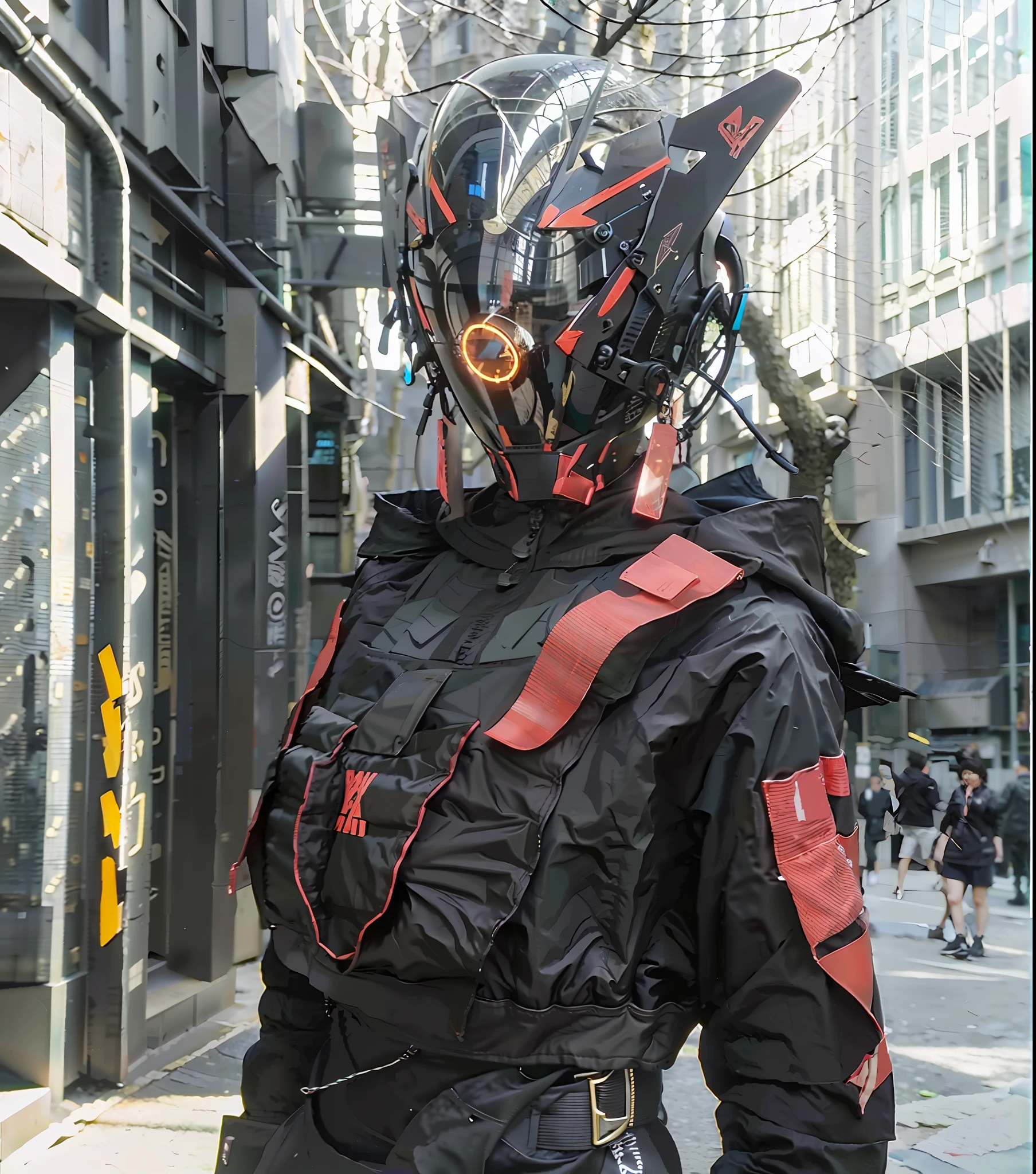 Original, masterpiece, top quality, cyborg woman in a red circle illuminates cyber helmet with black colored ears, black jacket, sunny day, on the street
