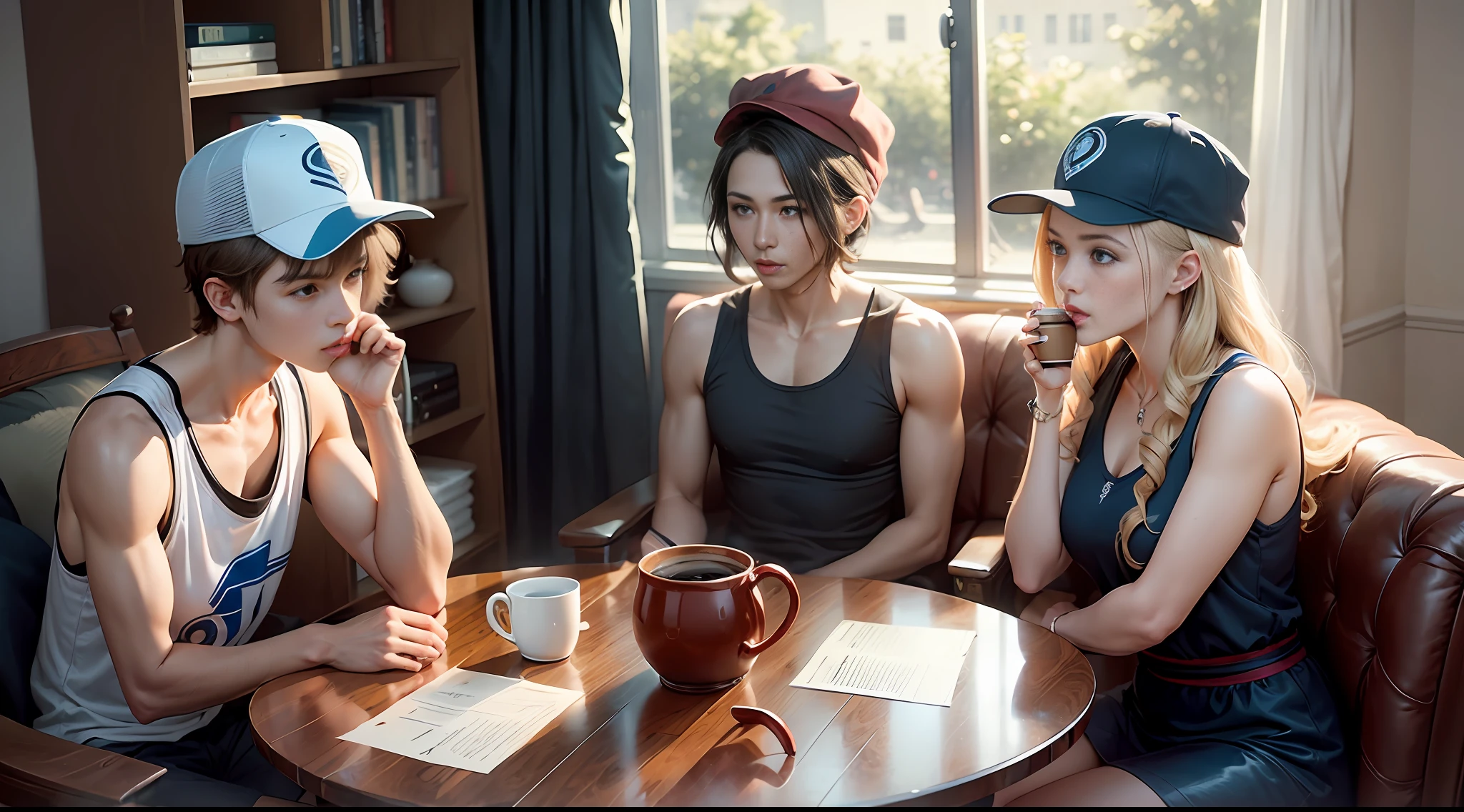 Two people sitting on the sofa, a middle-aged woman with long hair coiled up and wearing a blue sleeveless dress; Another teenage male, wearing a basketball cap, short hair and a gray vest. Three cups of weak coffee were placed on the table.
