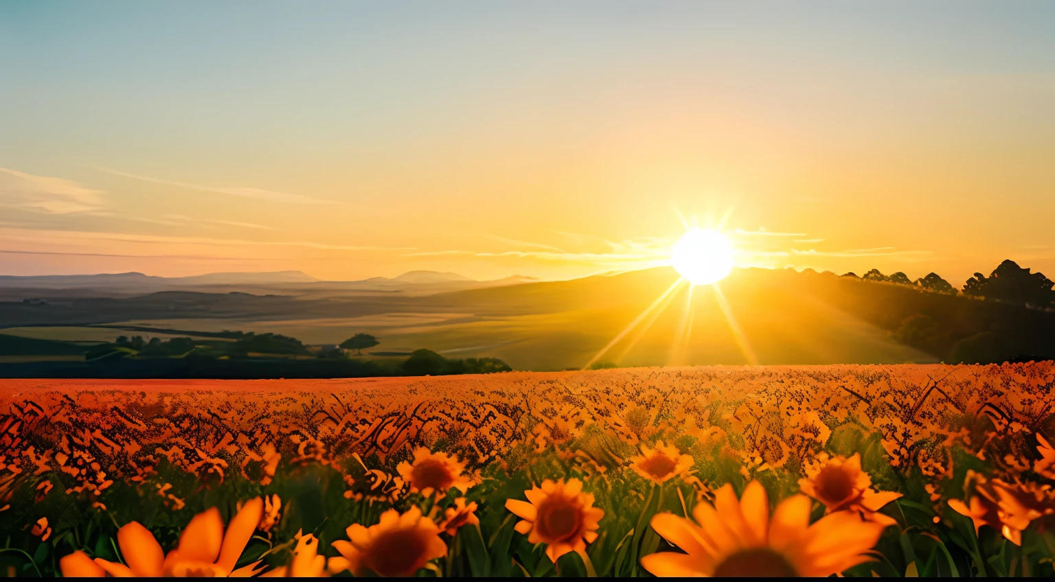 Mid-shot of a radiant sun rising on the horizon, illuminating a beautiful flowering field