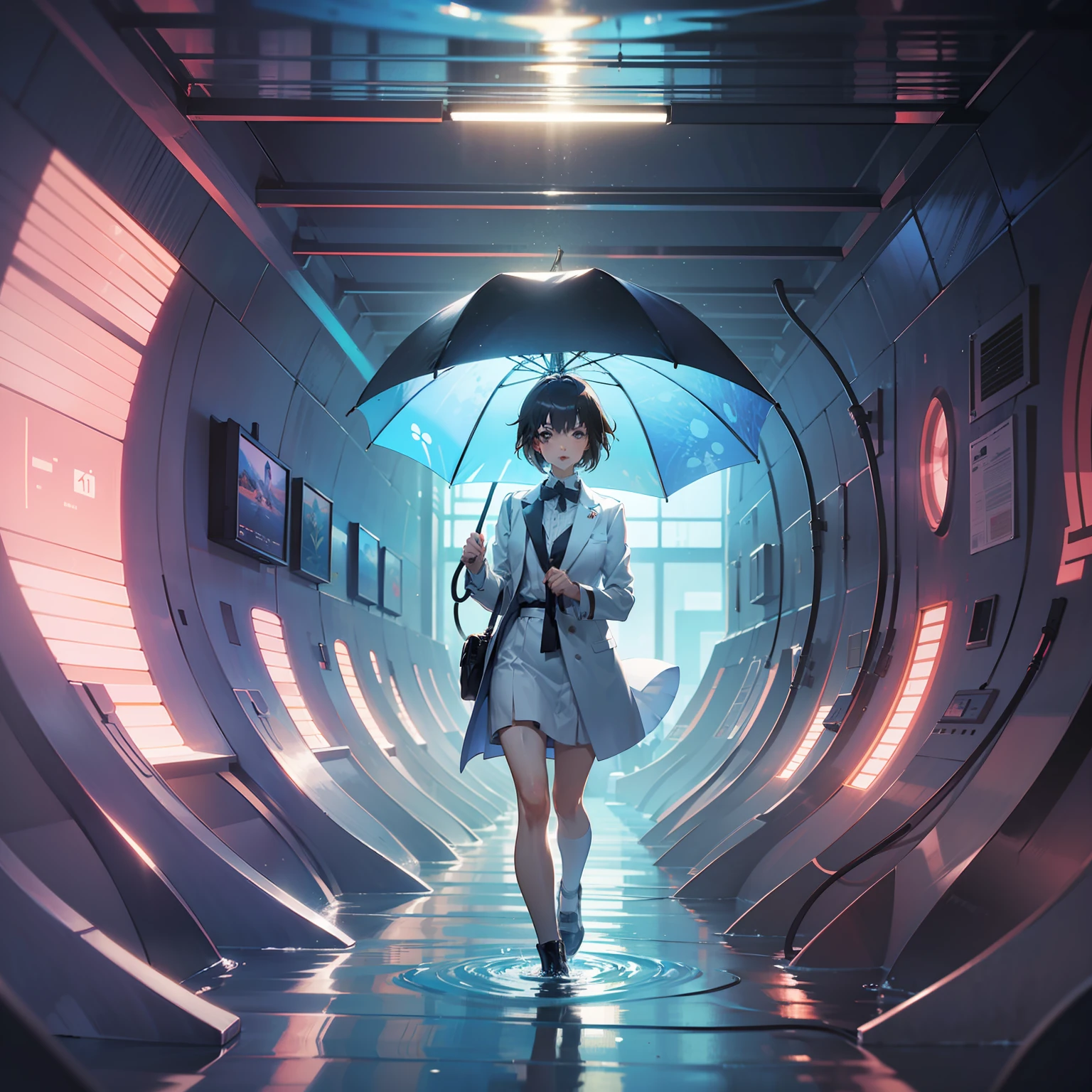 anime girl standing in fish tunnel with umbrella, wallpaper anime blue water, anime art wallpaper 4 K, anime art wallpaper 4k, Makoto Kai Makoto Siril Rolando, anime art wallpaper 8 K, beautiful artwork illustration, anime girl walking on water, 4k anime wallpaper, anime wallpaper 4k, anime wallpaper 4k, beautiful art UHD 4 K,Unity 8k wallpaper, 3D, cinematic lighting, lens flare, reflection, sharp focus, realistic, highly detailed CG illustration, extremely delicate and beautiful cinematic light, (Realistic: 1.5), (Dark background: 1.5), Dynamic angle, Masterpiece, Best Quality, Ultra Detailed, Illustration, Detailed Light, dramatic_shadow, Face Shadow, Extra Detail, Best Performance, Saxophone Blue Background