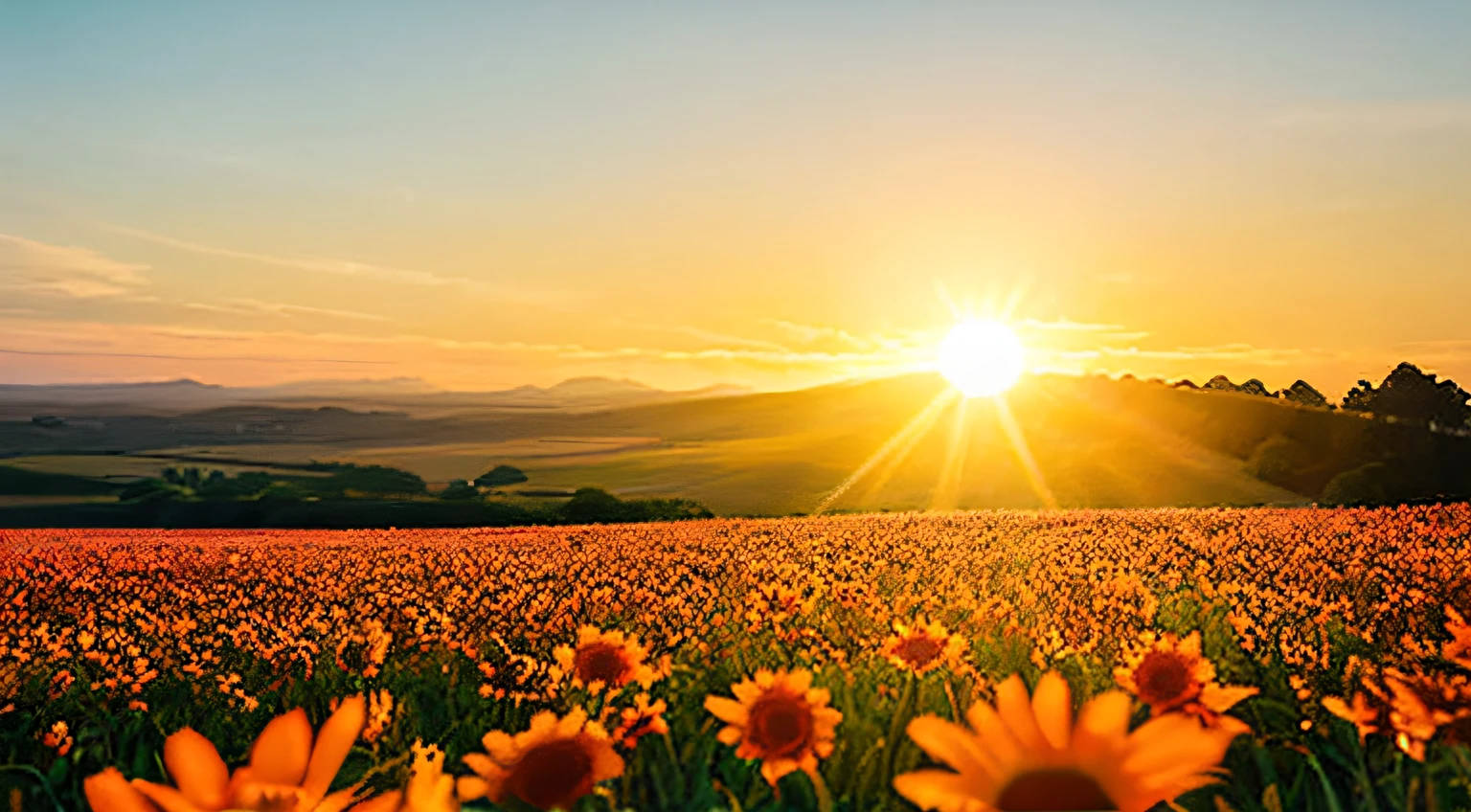 Mid-shot of a radiant sun rising on the horizon, illuminating a beautiful flowering field