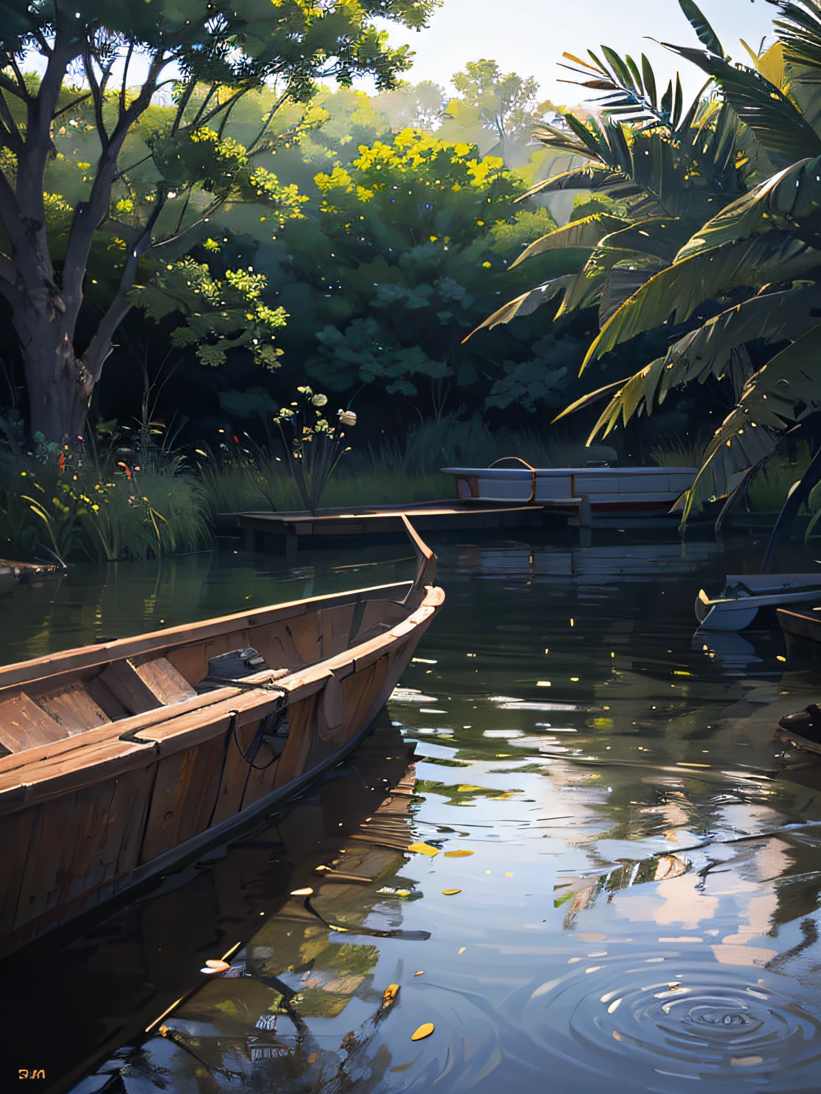 Wallpaper, summer pond, pond, boat, afternoon sun, reeds, pond background, depth of field, hot weather, HD detail, wet watermark, hyperdetail, realistic photo, 16k, surrealism, soft light, deep field focus bokeh, ray tracing, diffuse (ultra-fine glass reflection) and surrealism. --auto --v6