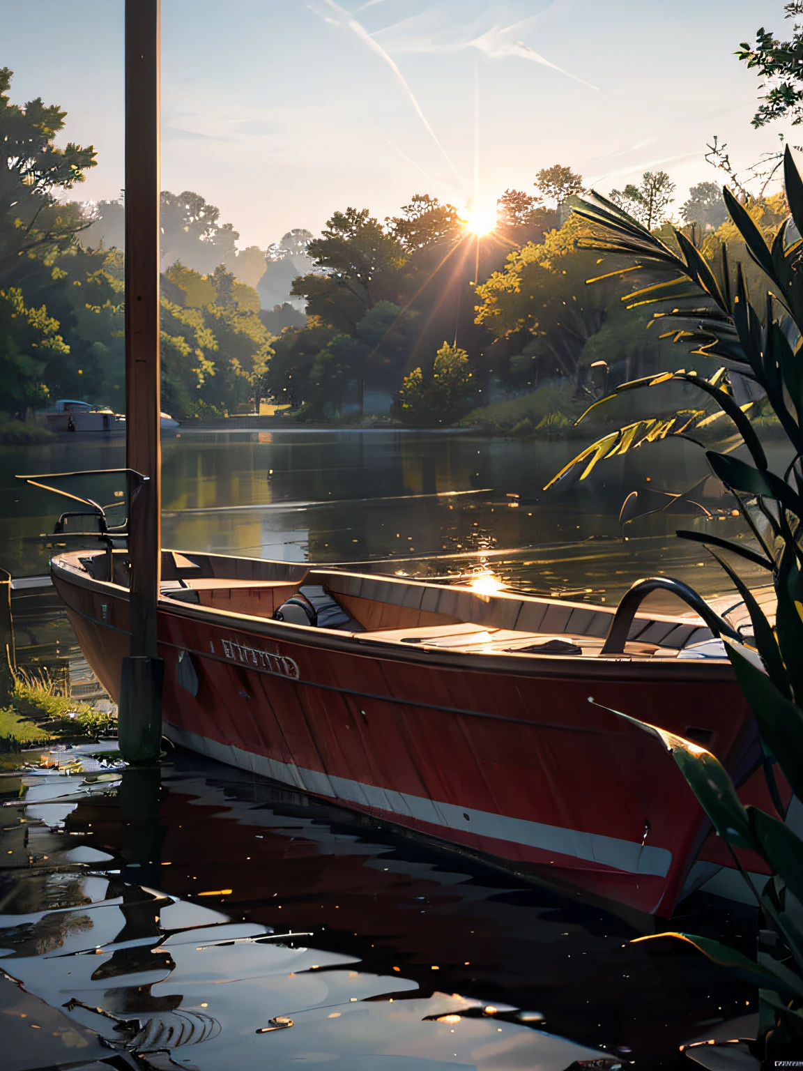 Wallpaper, summer pond, pond, boat, afternoon sun, reeds, pond background, depth of field, hot weather, HD detail, wet watermark, hyperdetail, realistic photo, 16k, surrealism, soft light, deep field focus bokeh, ray tracing, diffuse (ultra-fine glass reflection) and surrealism. --auto --v6