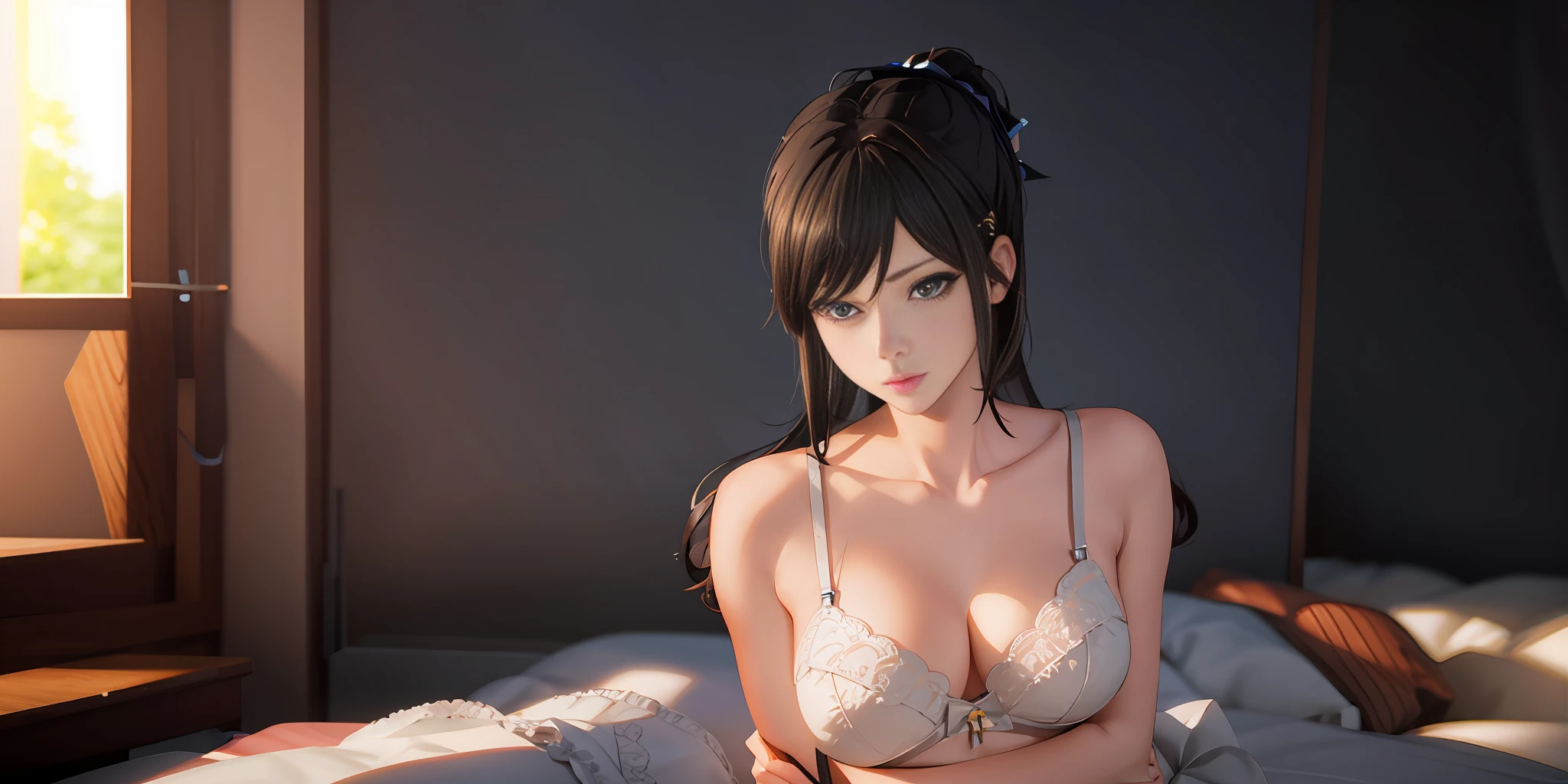 anime girl in lingerie sitting on bed with her arms crossed, photorealistic anime girl render, 3 d anime realistic, seductive anime girl, smooth anime cg art, photorealistic anime, anime. soft lighting, realistic anime 3 d style, highly detailed soft lighting, hyper realistic anime, beautiful alluring anime woman, [ 4 k photorealism ]!!