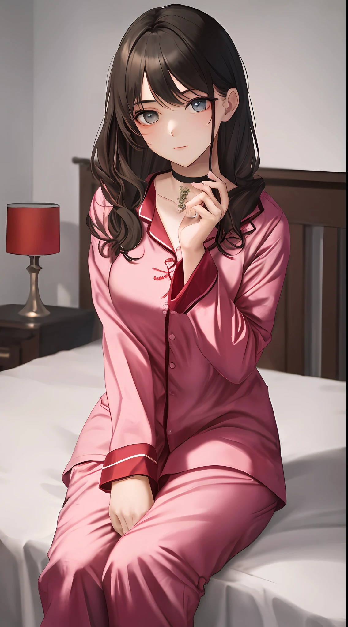 "((({{Masterpiece}}))), {{Best Quality}}, {{HD}}, ((Girl)), the dark-haired beauty in pajamas, sitting on the bed in a daze, with red marks on her neck