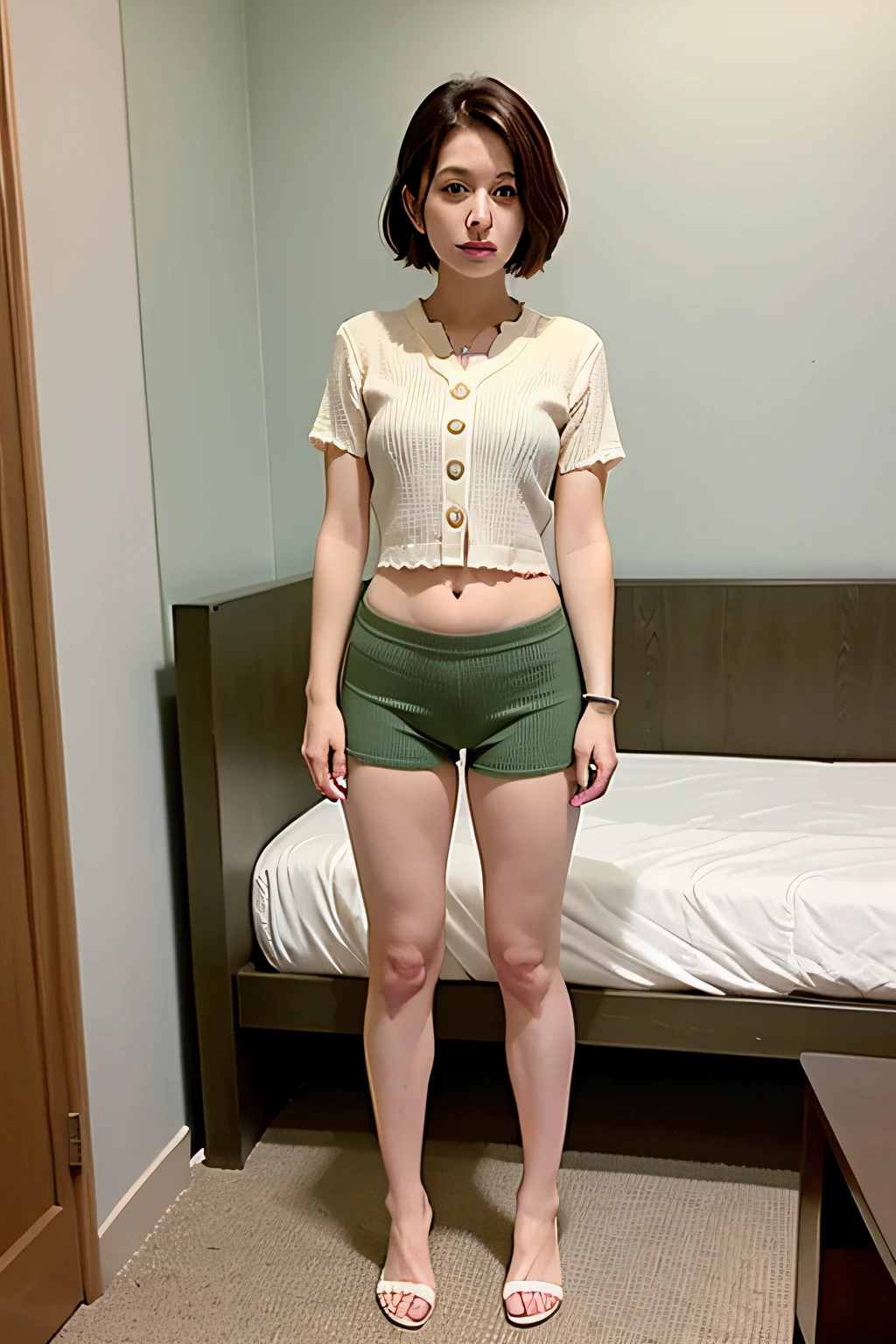 (Vert Remote Location:1.4) , Bed Room, Full Body, Lower Body Naked,Afternoon, Light Brown Fringe Short Hair, Light Brown Eyes, 1 Girl, Innocent, (Photorealistic), (Complex Detail: 1.2), (Masterpiece,:1.3), (Best Quality: 1.4), (Ultra High Definition: 1.2), Ultra High Definition, (Detailed Eyes), (Detailed Facial Features), HDR, 8k Resolution, (Lens Flare: 0.7), Face Buyer, (Under), Brown veryshort_midriff_knit Shirt,