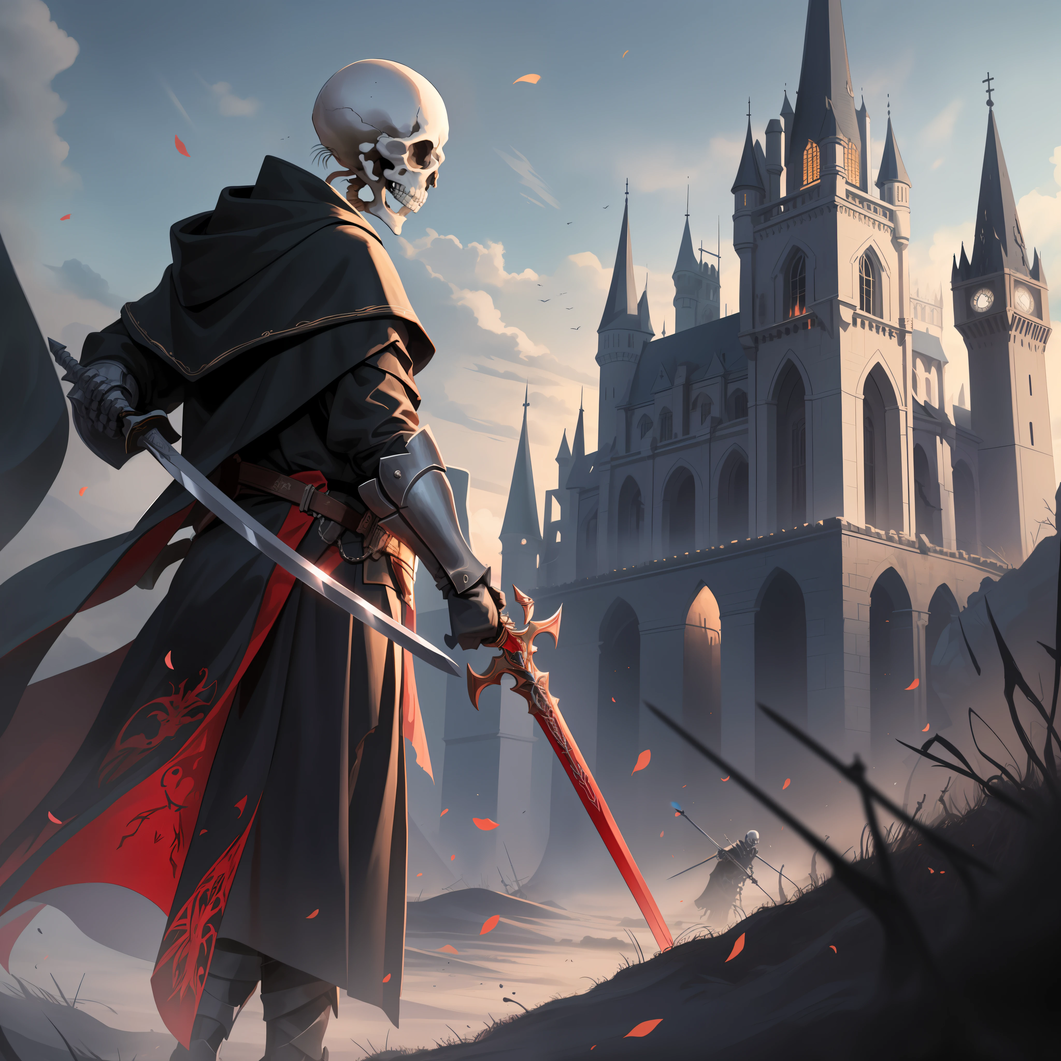 Skeletons in black robes, holding swords, like knights, Shrouded in red magic, Standing in the Battlefield, castle background