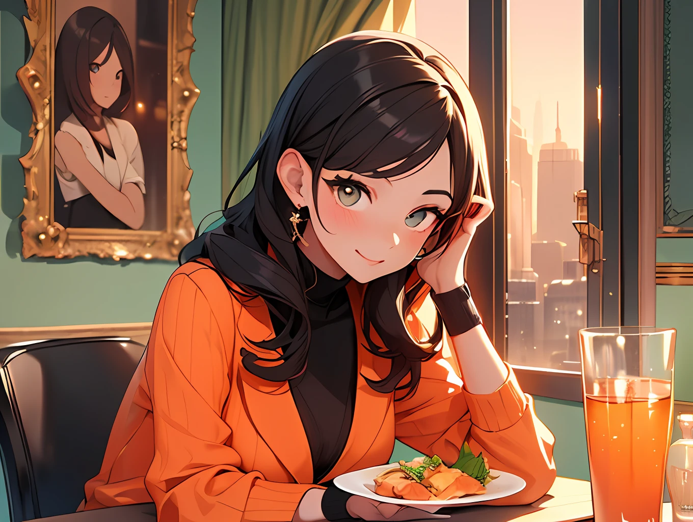 Best Category-Visual Arts: "A woman with academia outfit and cute eyes, admiringly looks at you at a dinner table set against the backdrop of New York City. The scene is in a red and orange color scheme, giving it a warm and vibrant ambiance."