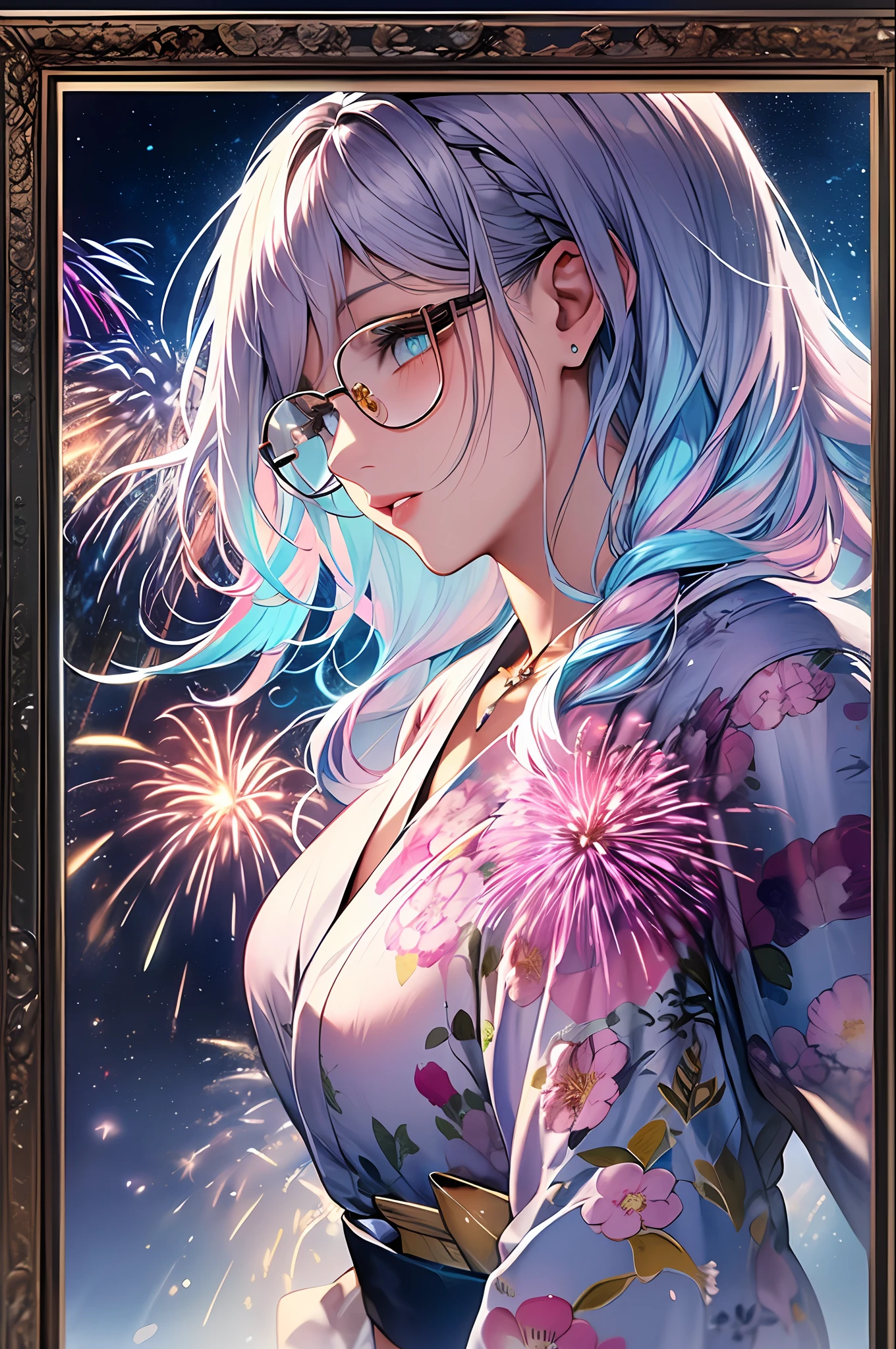 (Masterpiece, Masterpiece, Top Quality, Watercolor, Pendant)), Official Art, Beautiful and Aesthetic: 1.2), (Golden Ratio: 1.2), (Full Body: 1.2), (Super Detail: 1.3), (1 Girl: 1.3), (Fractal Art: 1.3), (Glitter Pupil)), Pattern, (iridescent hair, colorful hair, half blue and half pink hair: 1.2)), colorful, ( Glasses), writing, (heterochromia), (colorful: 1.5), ((bare skin in a yukata)), ((Hakata yukata)), (large fireworks in the background)), night sky, (shy face)), ((hyper detail)), (delicate detail)), (complex detail)), ((cinematic light, highest quality backlight)), high contrast, ((best lighting, Very delicate and beautiful)), ((Cinematic Light)), (Traced Reflection, Shine), (((Glowing Aura)), ((Hair Shine)), ((Super Detail)), (8K)), ((Fireworks)), ((Beautiful Lips)), (Face Up)), Colorful Lens Reflection