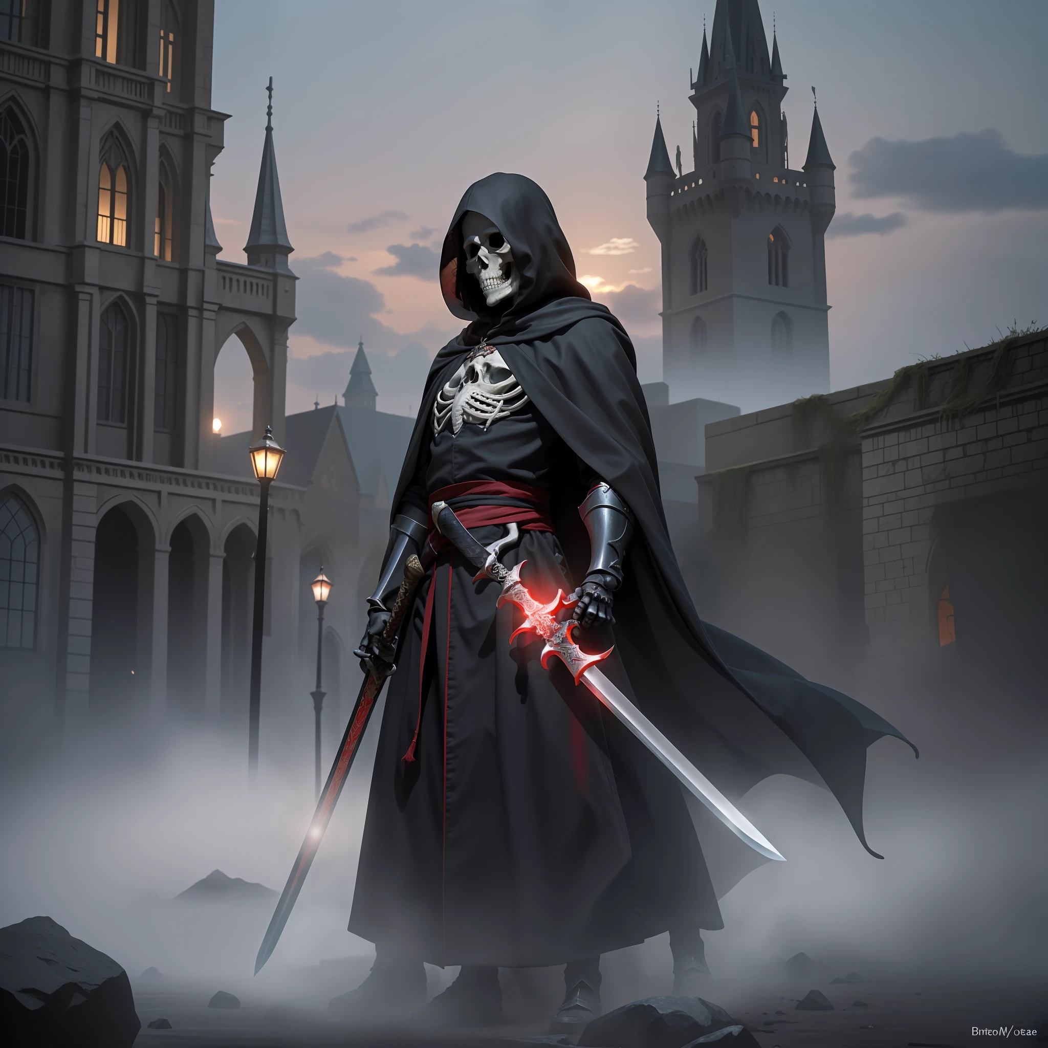 Skeletons in black robes, holding swords, like knights, Shrouded in red magic, Standing in the Battlefield, castle background