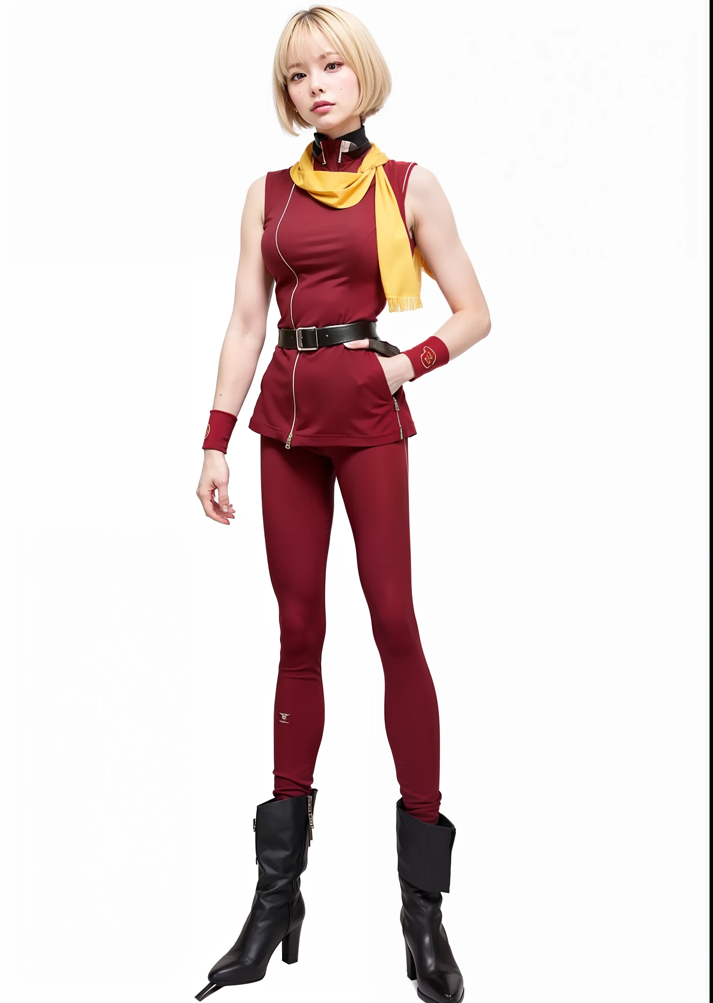 (Best Quality, Masterpiece: 1.1), (Fidelity: 1.4), 1 Girl, Full body, Blonde short hair, Voluminous hair, Raised bangs, Short sleeved red jacket, red tight spats, red wristband, big breasts, yellow scarf, 40 year old Caucasian woman, Tanned body, American woman, muscular body, slender,