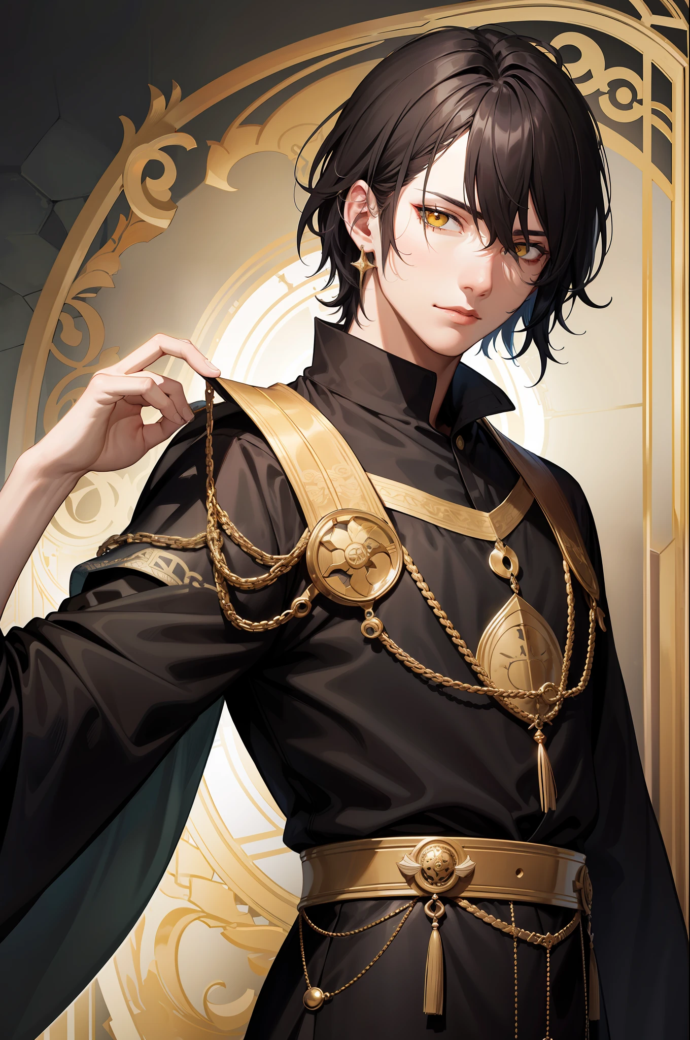 (masterpiece, best quality, high resolution: 1.4), detailed, intricate details, 4K, splashes of colors, line art, art, fibonacci, male magician, with male face, male body, wearing clothes of a middle class of the middle ages, black hair and thrown forward, yellow colored eyes, on a medieval background, 5 fingers on each hand, small hair, convinced expression, without many dress accessories.