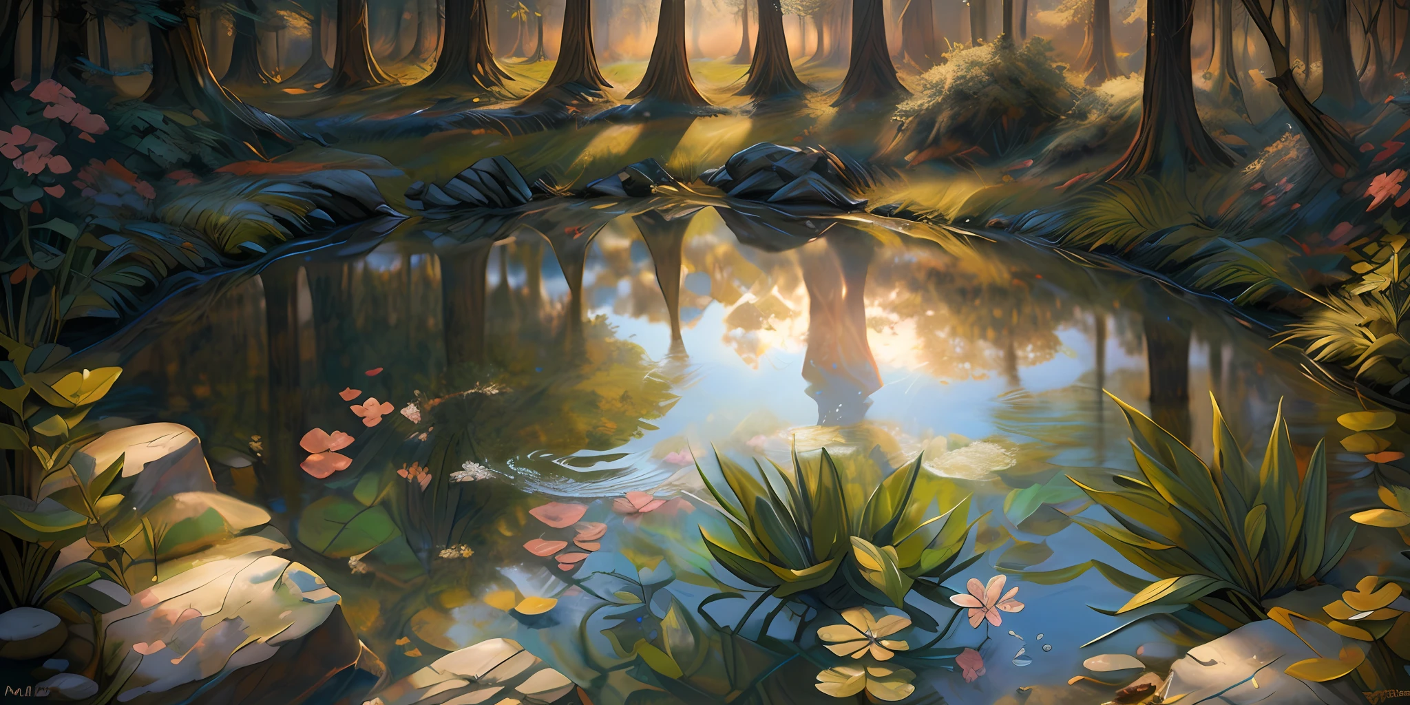 High-quality illustrations by John William Waterhouse, by Johannes Vermeer, wallpaper, summer, lake, dawn, forest, detailed forest, clouds, masterpiece, cinematic, soft light, depth of field, ray tracing, reflection in water, realism, ultra detailed, nymph, fairy, Mysterious and romantic atmosphere, luxurious embellishments, intricate details, (surrounded cistern, transparent aquarium, caustics surface)(reflecting, refraction, polarization:1.2)(highly detailed beautiful face and eyes)absurdres, perfect anatomy(handsome 1boy, kemono, solo focus)(furry)(furry anthro:1.7)(Furry body, dog facial features, dog body features)(very detailed body fur)fragility, reflections in mirrors and water surfaces, realistic visual effects, soft and delicate color palette, dramatic composition,