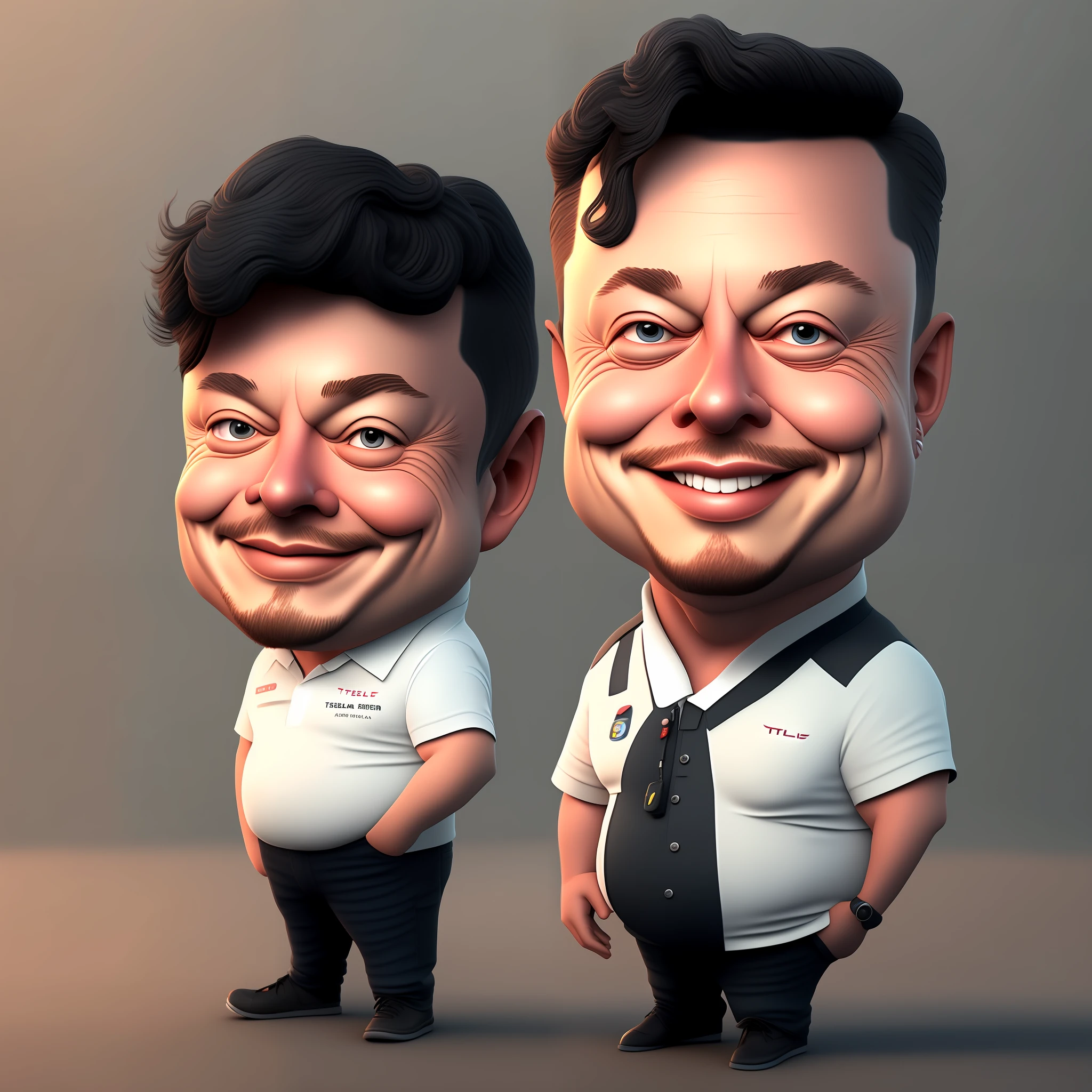 Single character, A cute caricature of Elon Musk, chubby, big eyes, black hairs, Tesla car background, realistic, 3d render, unreal 8k cinematic render