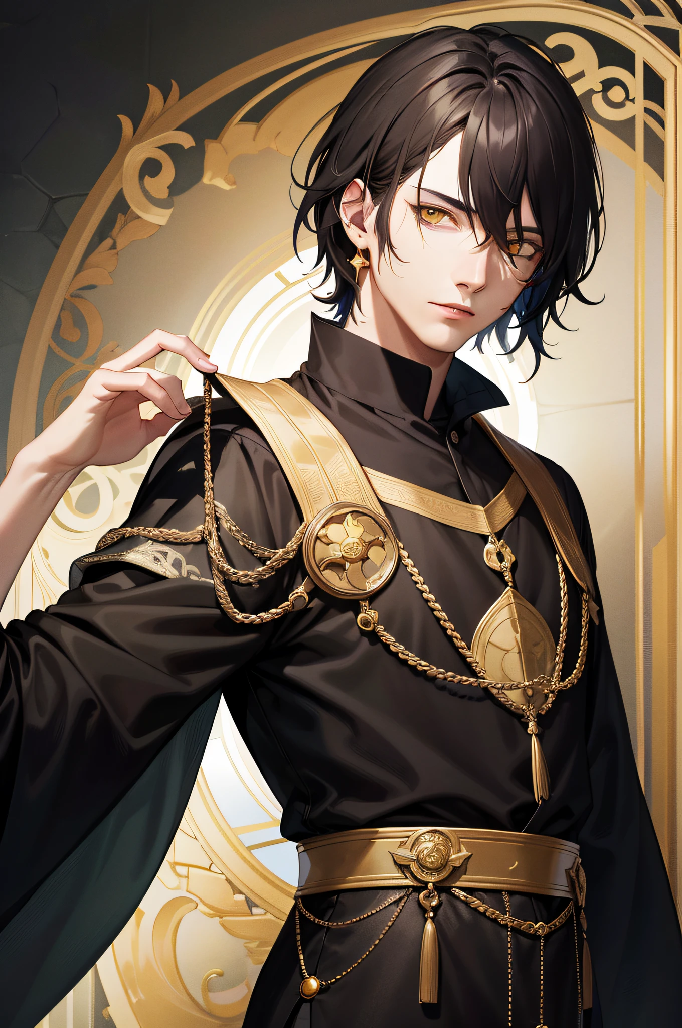(masterpiece, best quality, high resolution: 1.4), detailed, intricate details, 4K, splashes of colors, line art, art, fibonacci, male magician, with male face, male body, wearing clothes of a middle class of the middle ages, black hair and thrown forward, yellow colored eyes, on a medieval background, 5 fingers on each hand, small hair, convinced expression,  without many dress accessories.