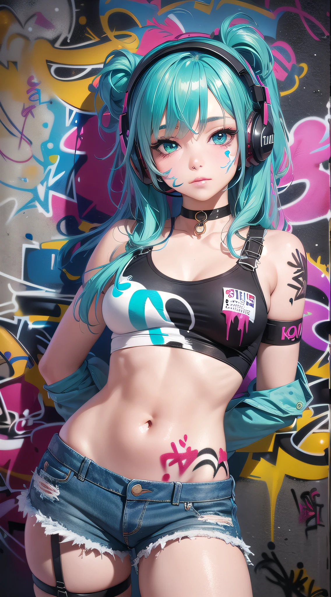 masterpiece, best quality, 1girl, solo, crop top, denim shorts, choker, (graffiti:1.5), paint splatter, arms behind back, against wall, looking at viewer, armband, thigh strap, paint on body, head tilt, bored, multicolored hair, aqua eyes, headset,