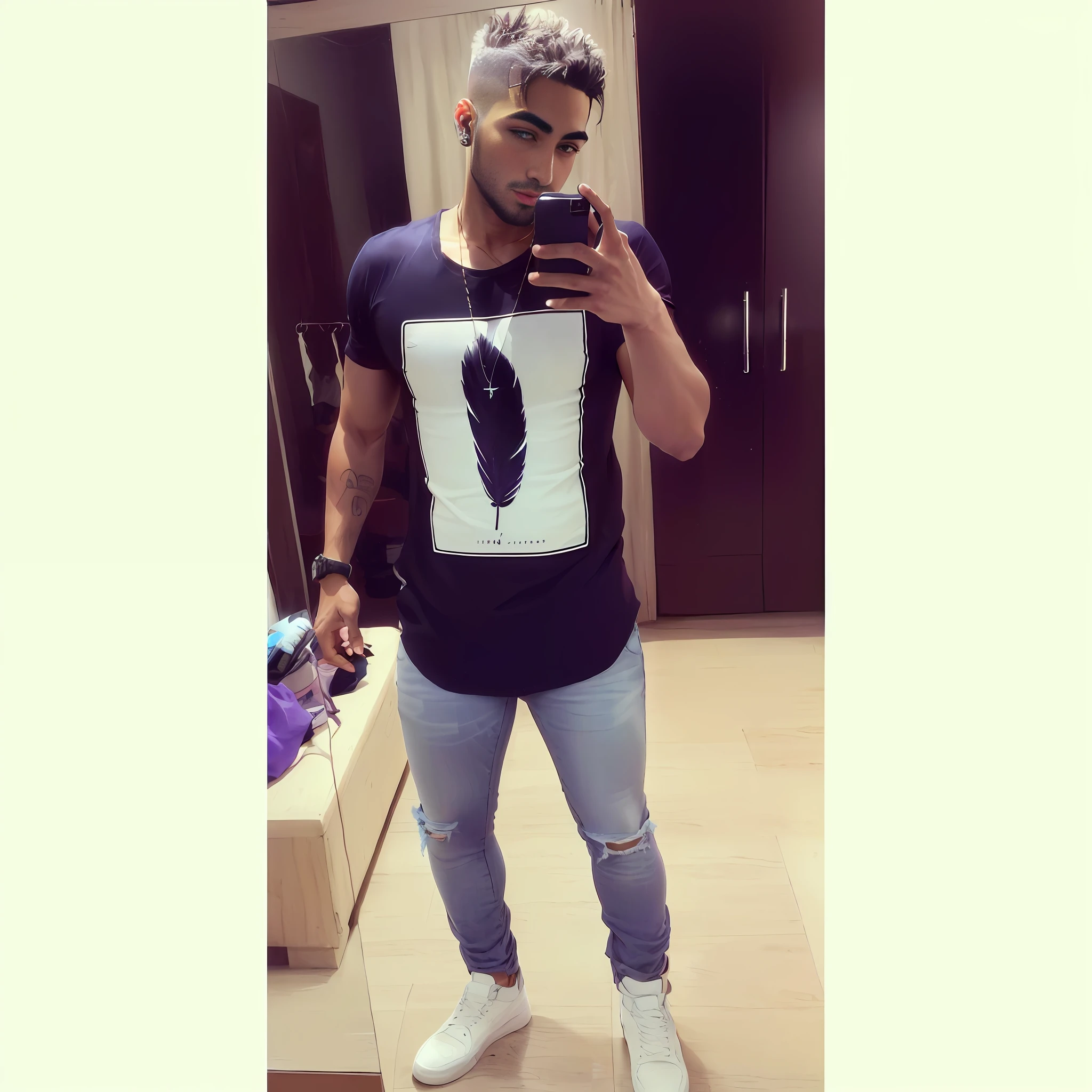 arafed man taking a selfie in a mirror with a phone, jeans and t shirt, in tshirt, inspired by Antônio Parreiras, ( ( ( wearing jeans ) ) ), wearing a muscle tee shirt, casual clothes, feather, singer maluma, male!!, high quality scan, tshirt!!, full body!!, minimalistic!! simple