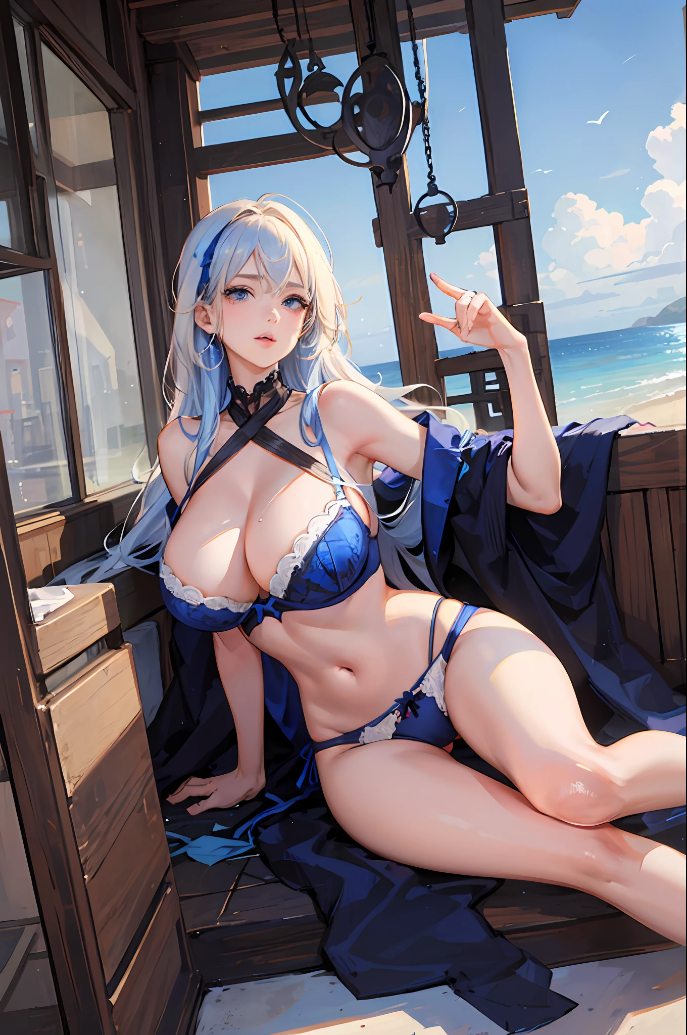 1girl, nsfw, masterpiece, best quality, slender girl with hourglass body and massive breasts, solo, pretty, cute, shy girl, ((girl wears silk panties, transparent bra)), cleavage, girl shows enticing breasts, chest, ((blond hair, long hair, indigo blue hair)), indigo blue eyes, detailed eyes, beautiful eyes, delicate eyes, ((hourglass body, sexy body)), correct anatomy, correct limbs, ((massive breasts, large breasts)), juicy lips, pouty lips, [detailed background (crowds, beach, summer beach)]
