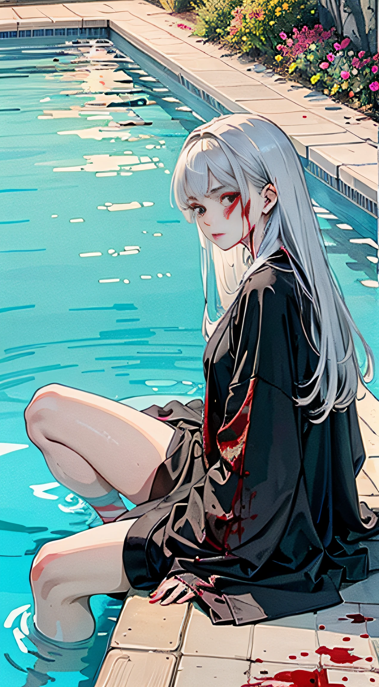 Realistic, (Obra-prima, top quality, best quality, official art, Beauty and Aesthetics: 1.2), Very Detailed, Fractal Art, Variegated, Most Details, Black Robe, Full of Blood, Fierce Eyes, Bloodthirsty, Knife Marks, Scars, (((Pool of Blood Filled with Flowers on the Other Side))), Ghost Soul Glowing with Green Light, (Abstract Background: 1.5) (1 Boy: 1.3), Divine Beauty, Long White Hair, (Glowing Red Eyes), Mysterious, (Fantastic), Ice, ((Sitting in the Middle of the Pool of Blood))